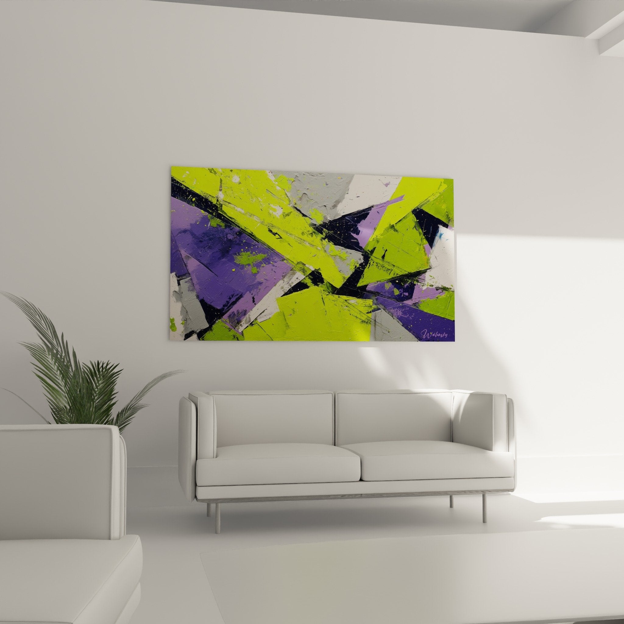 Abstract painting detail textured impasto lime green violet geometric black strokes