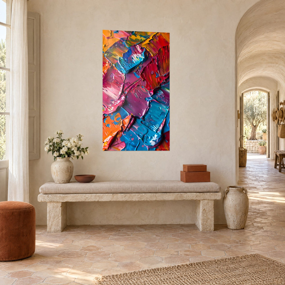 Tableau empâtements rose fuchsia et bleu cobalt, touches orangées, sur un mur chaulé d'un mas provençal, banc de pierre