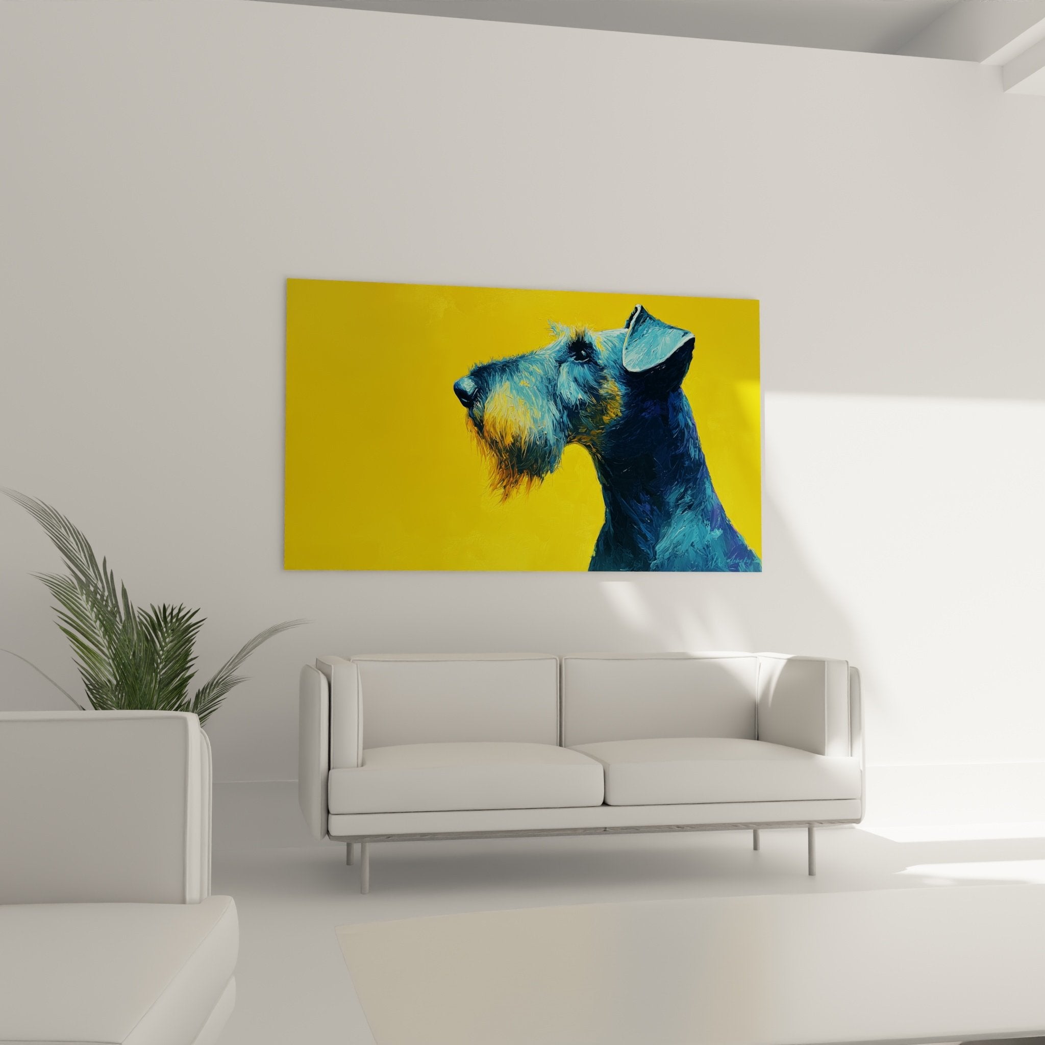 Détail peinture Airedale Terrier tons bleus expressifs technique picturale visible texture poil