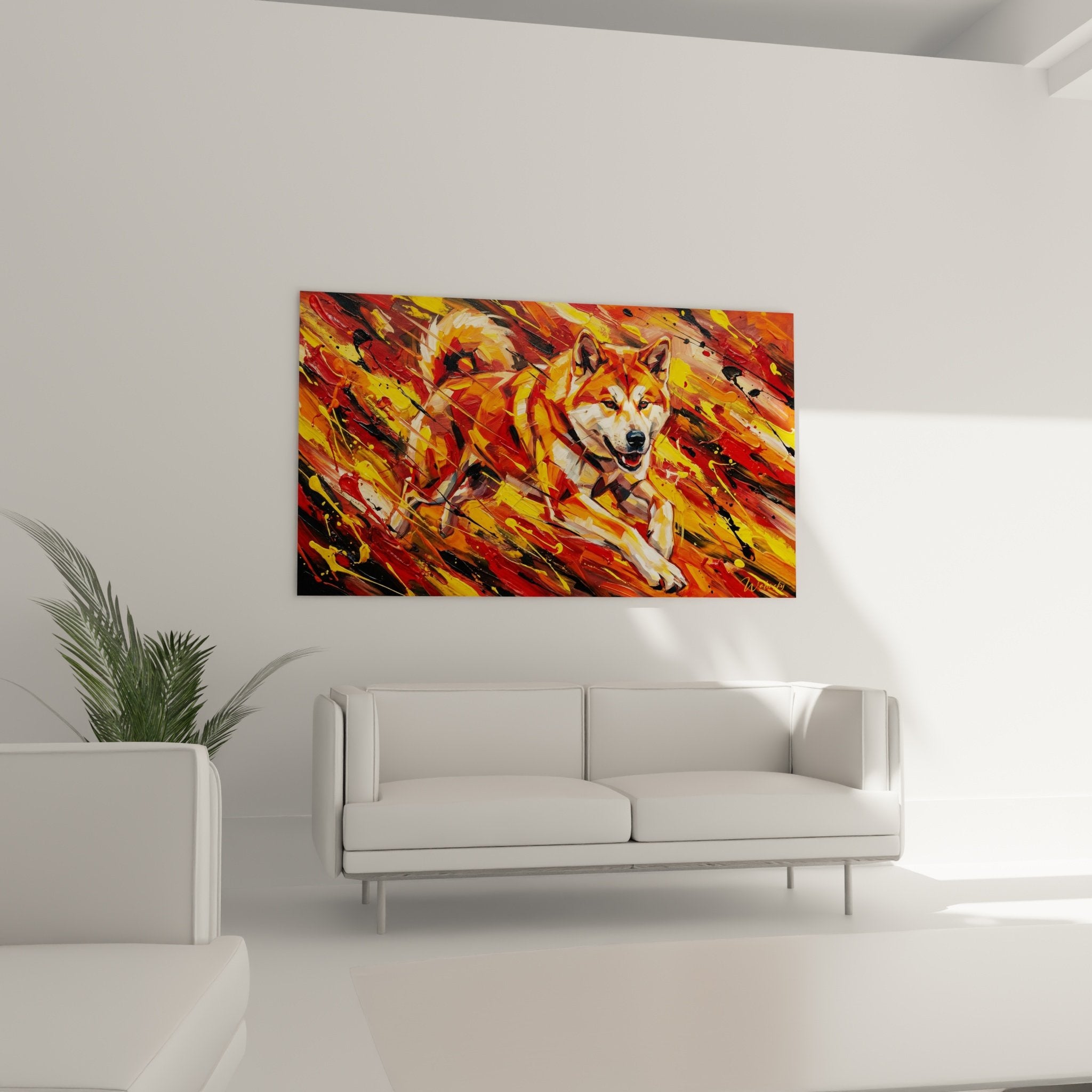Detail peinture Akita Inu expressionniste coups pinceau rouge orange dynamiques