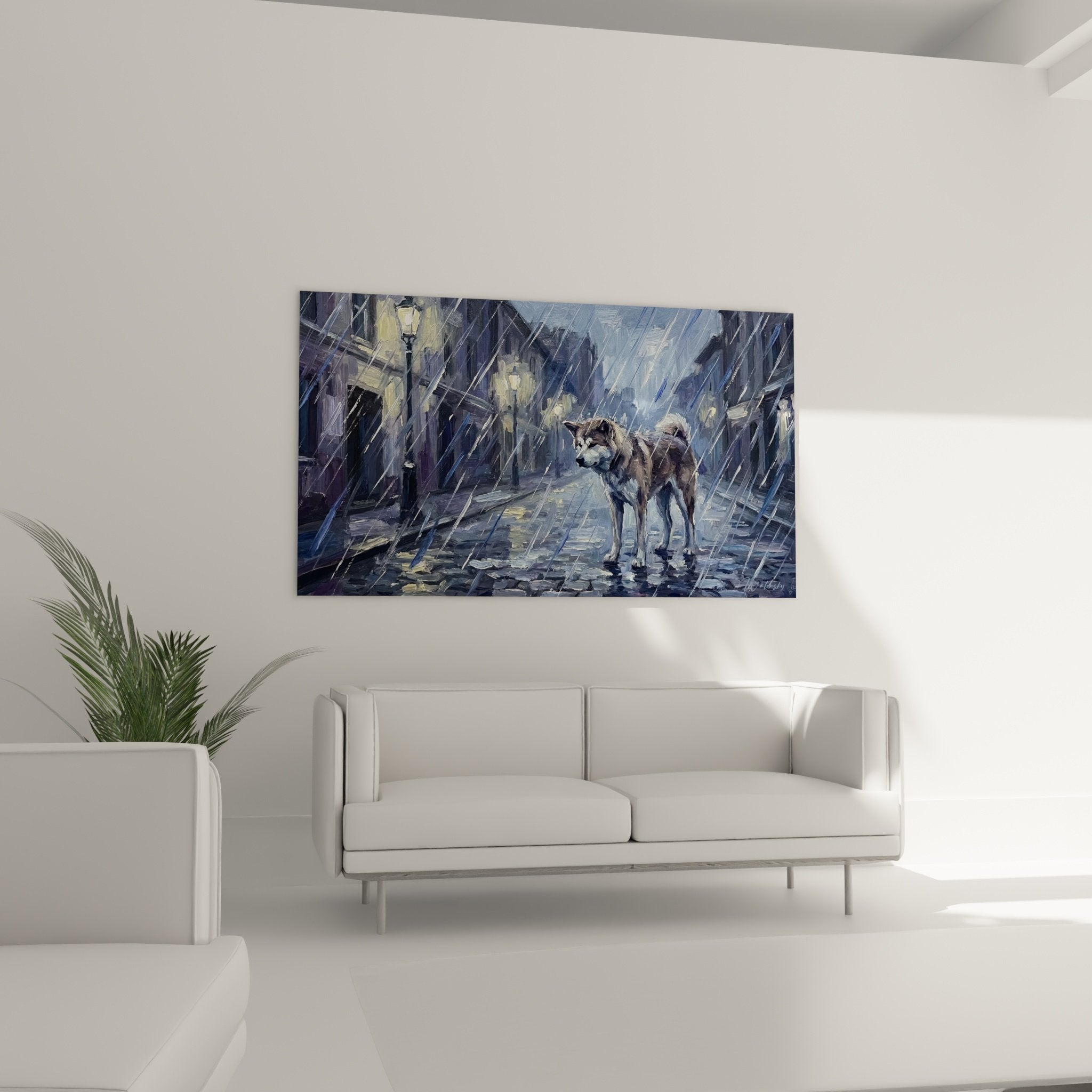 Détail peinture Akita Inu sous pluie coups pinceau expressifs tons bleus violets art canin
