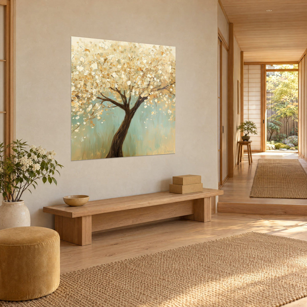 Gemälde mit goldenem Laub in Spachteltechnik, gedrehter brauner Stamm und pastellgrüner Hintergrund, Holzbank in einem japandi Eingang