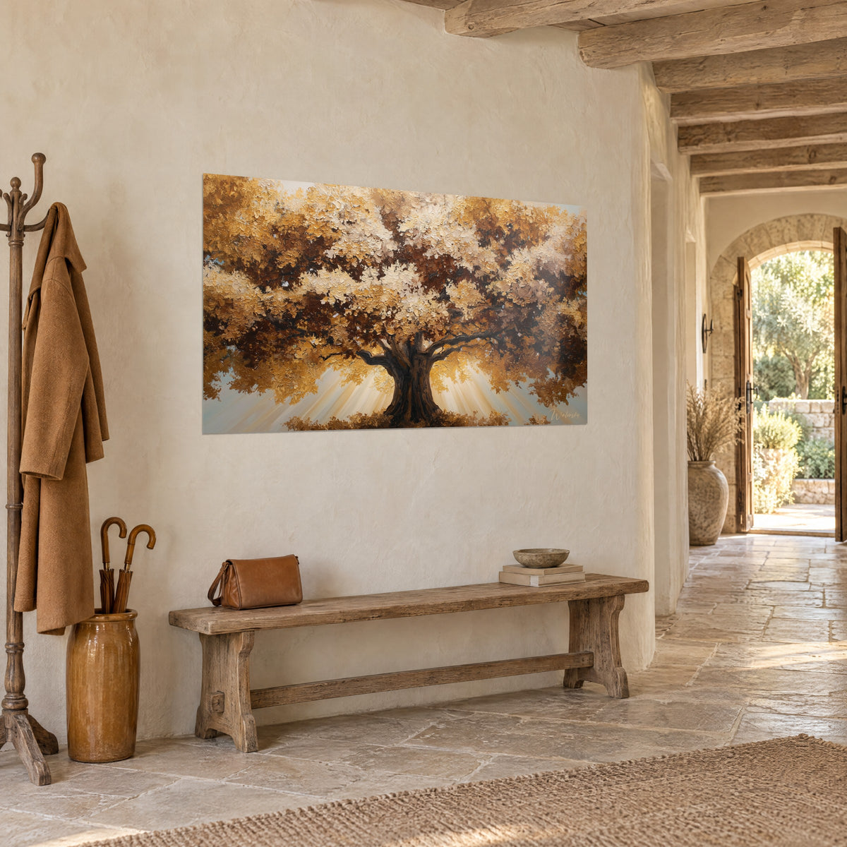 Wall art of a tree of life with golden ochre and cream branches under rays of light, stone wall and wooden bench in an entrance hall