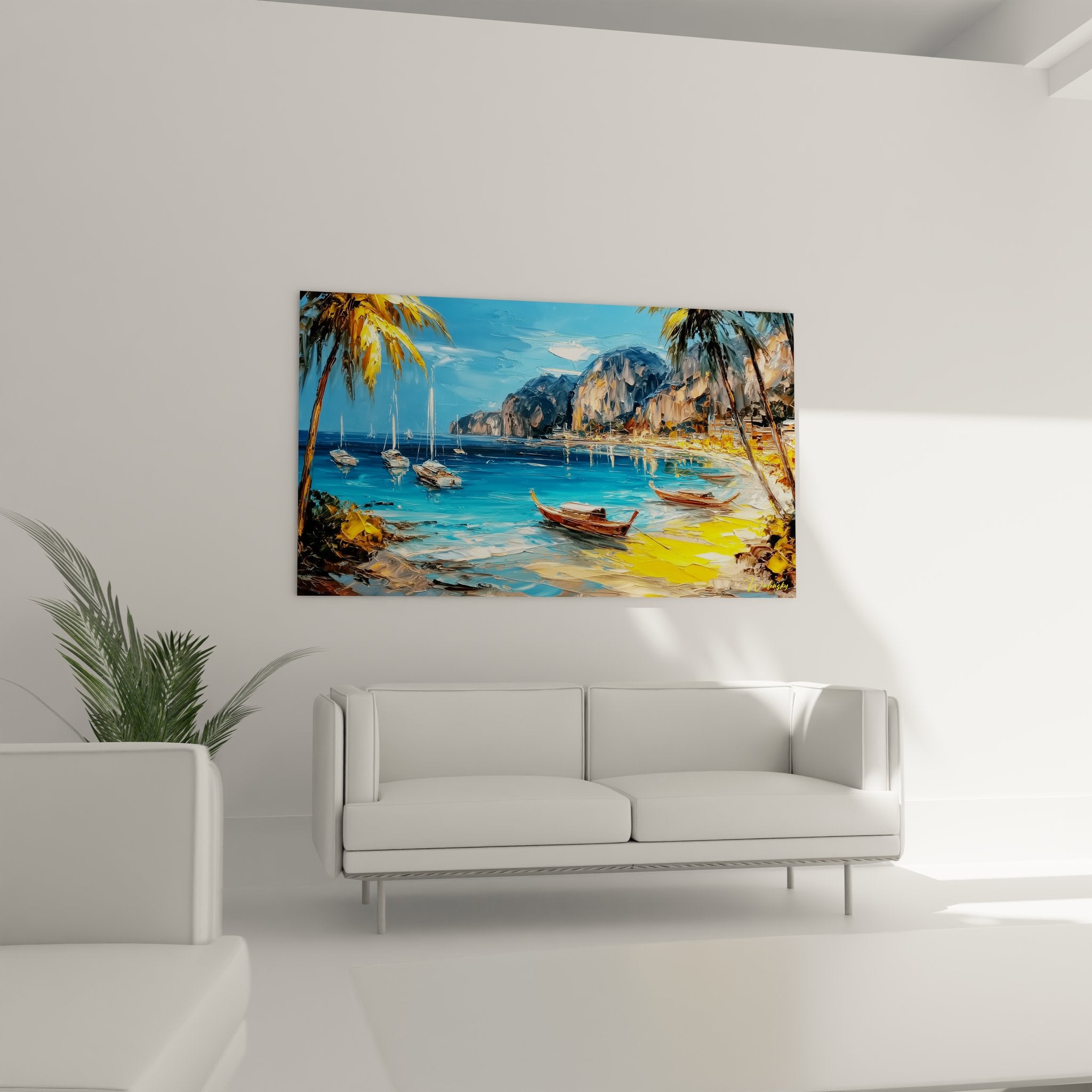 Gros plan détail peinture baie tropicale technique à l'huile reflets eau turquoise voiliers blancs