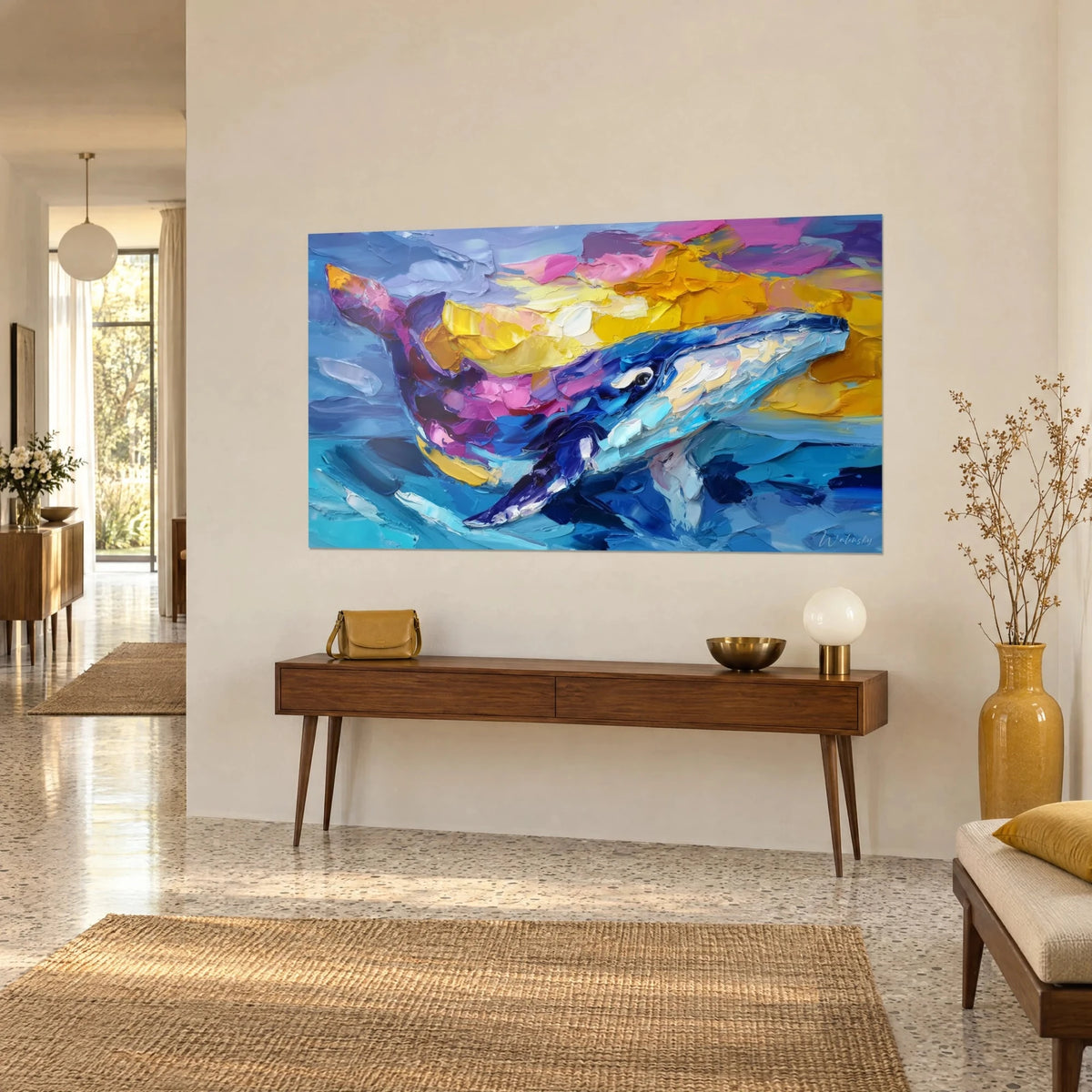 Giant purple and turquoise whale painting, pale striped belly, golden sky in broad flat areas, above a wooden console table