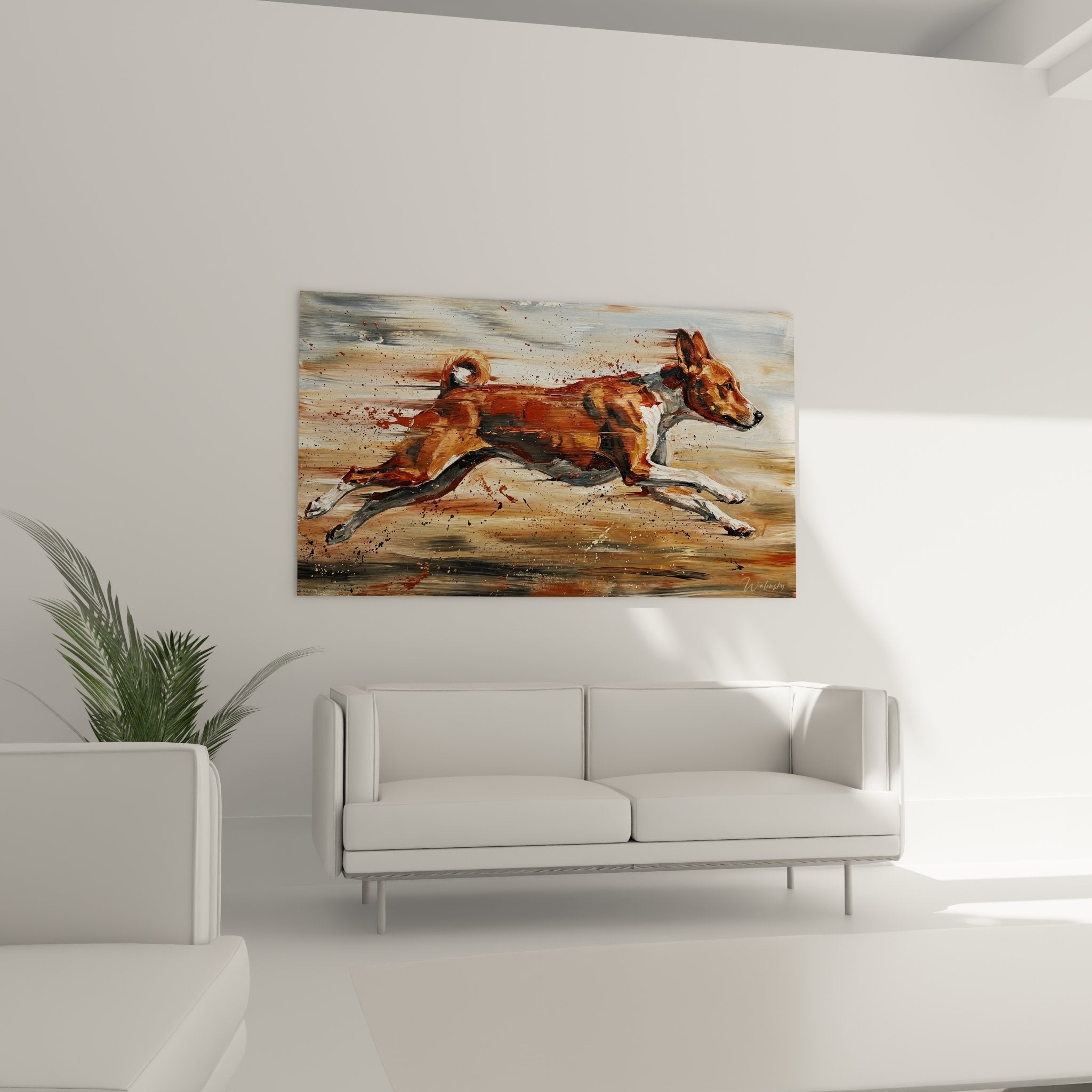 Dettaglio pittura basenji corsa mantello rosso rame tecnica gestuale schizzi neri artistici