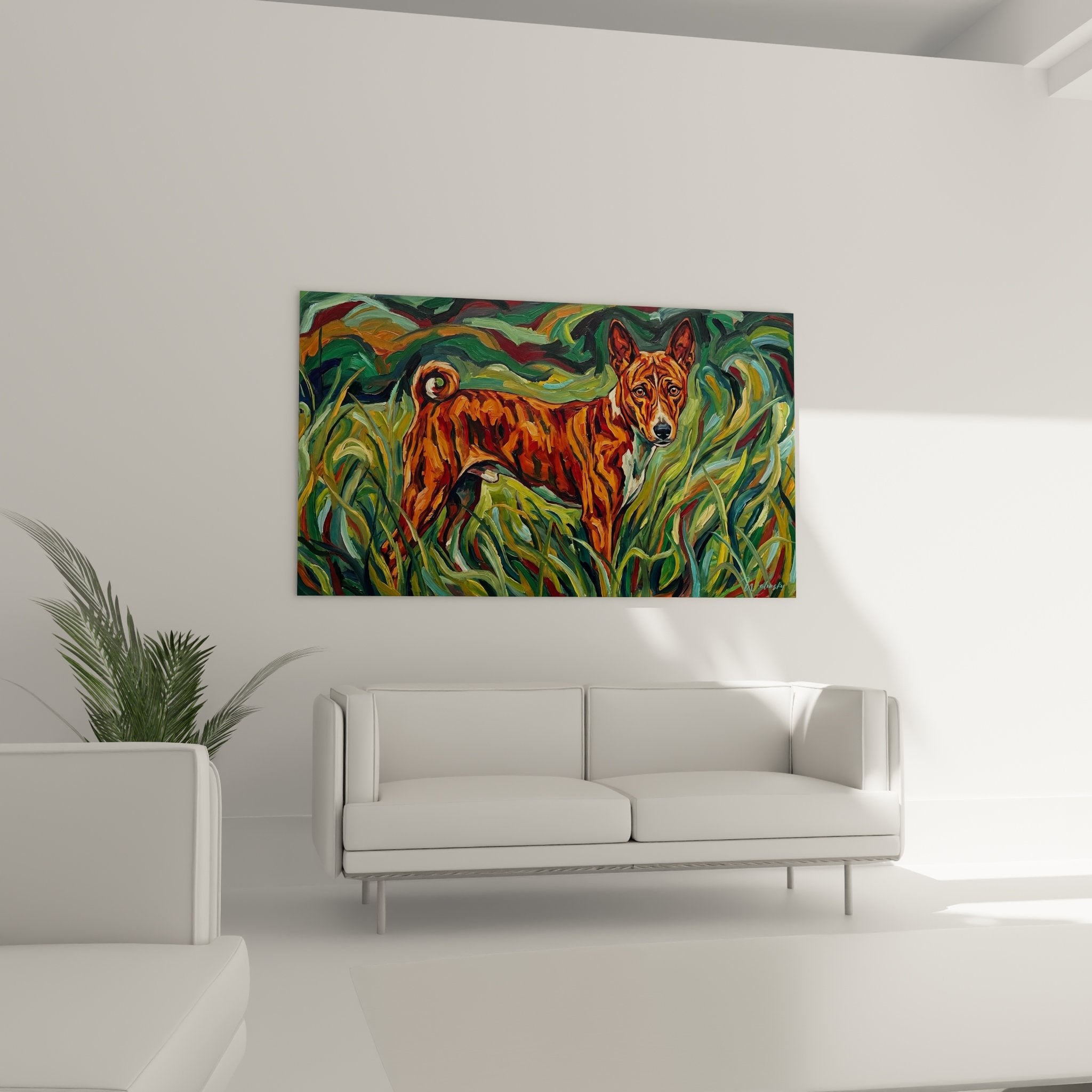 Detailaufnahme Gemälde Basenji rotbraunes Fell orangetöne Impasto ausdrucksstarke Pinselstriche künstlerische Technik