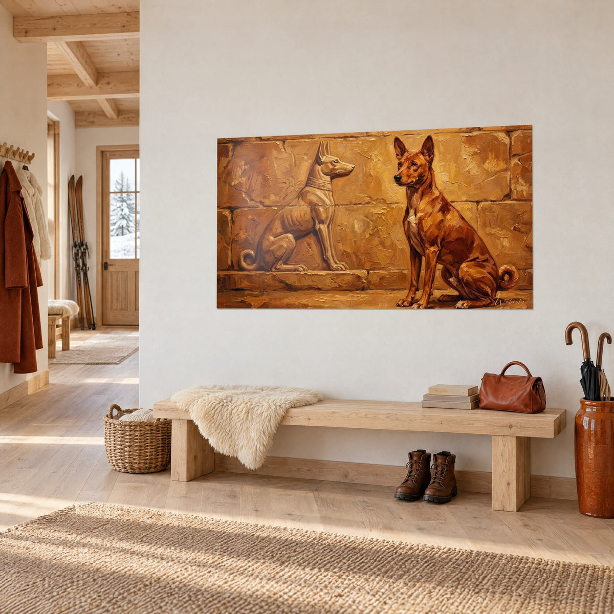 Gemälde mit einem zimtfarbenen Hund mit aufgestellten Ohren und einer sandfarbenen Steinstatue vor ockerfarbener Wand, hängend über einer Holzbank aus hellem Holz in einem Chalet