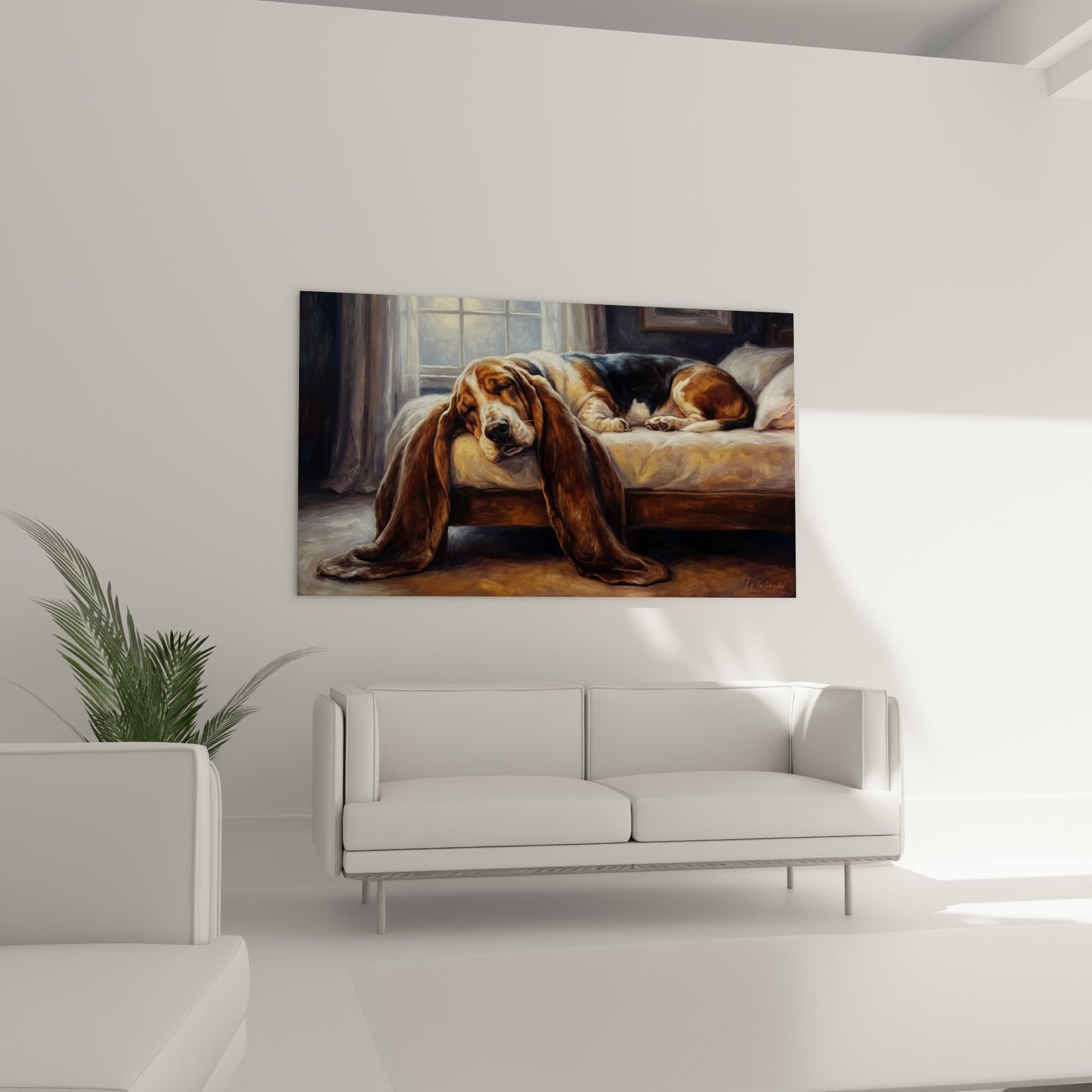 détail peinture basset hound oreilles pendantes texture picturale nuances ocre terre sienne