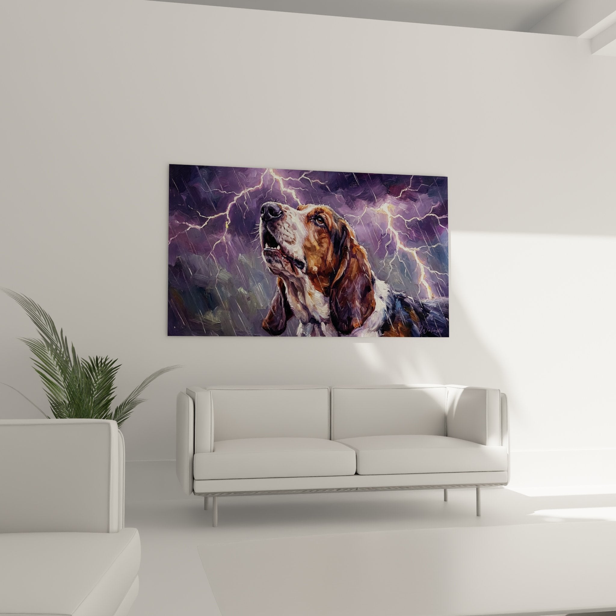 Dettaglio pittura basset hound mantello rosso bianco sotto pioggia lampi dorati tecnica pittorica espressionista
