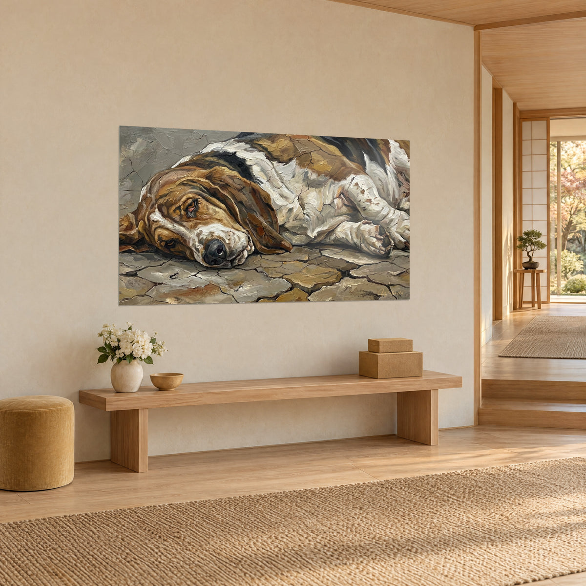 Cuadro perro de mirada cansada tumbado sobre un suelo de baldosas agrietadas gris y beige, pelaje blanco y leonado, banco de madera y jarrón de flores en tres cuartos