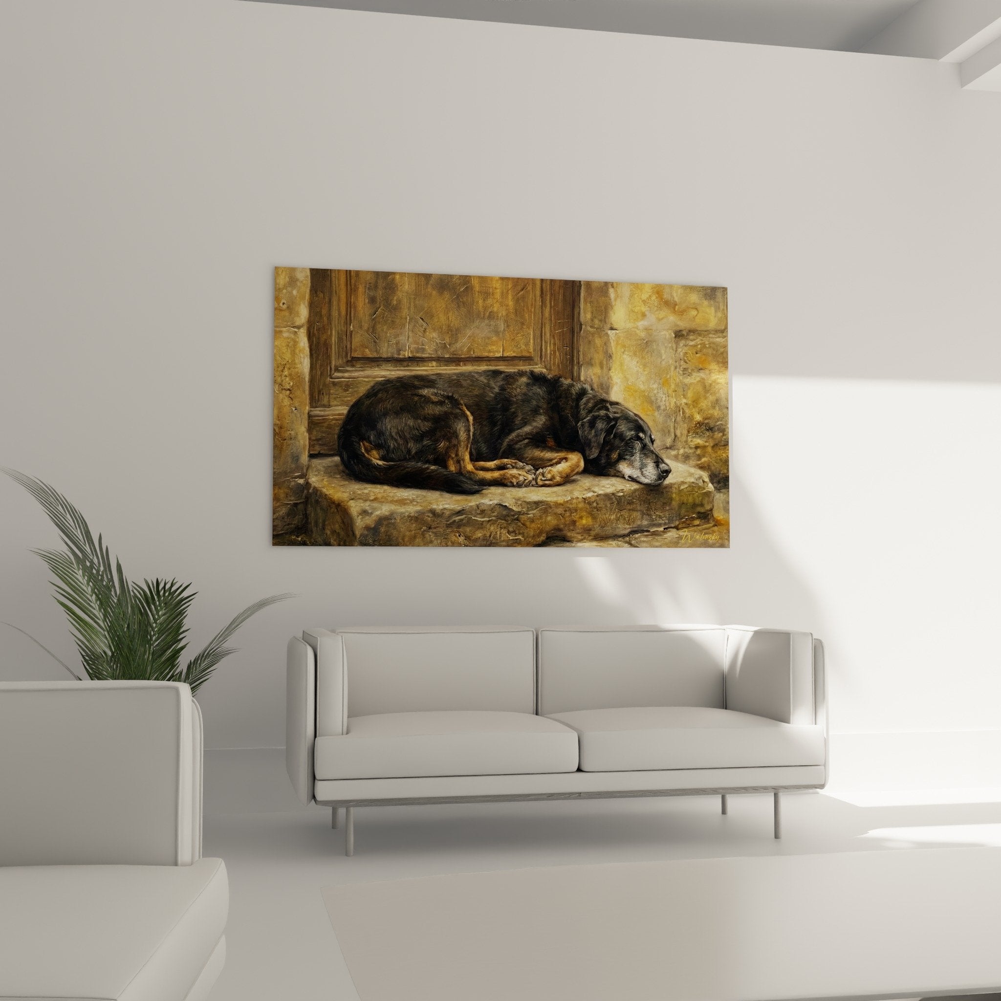 Detailansicht Gemälde Beaucerons in Ruhe, Spiel von Schatten und Licht auf seidigem Fell