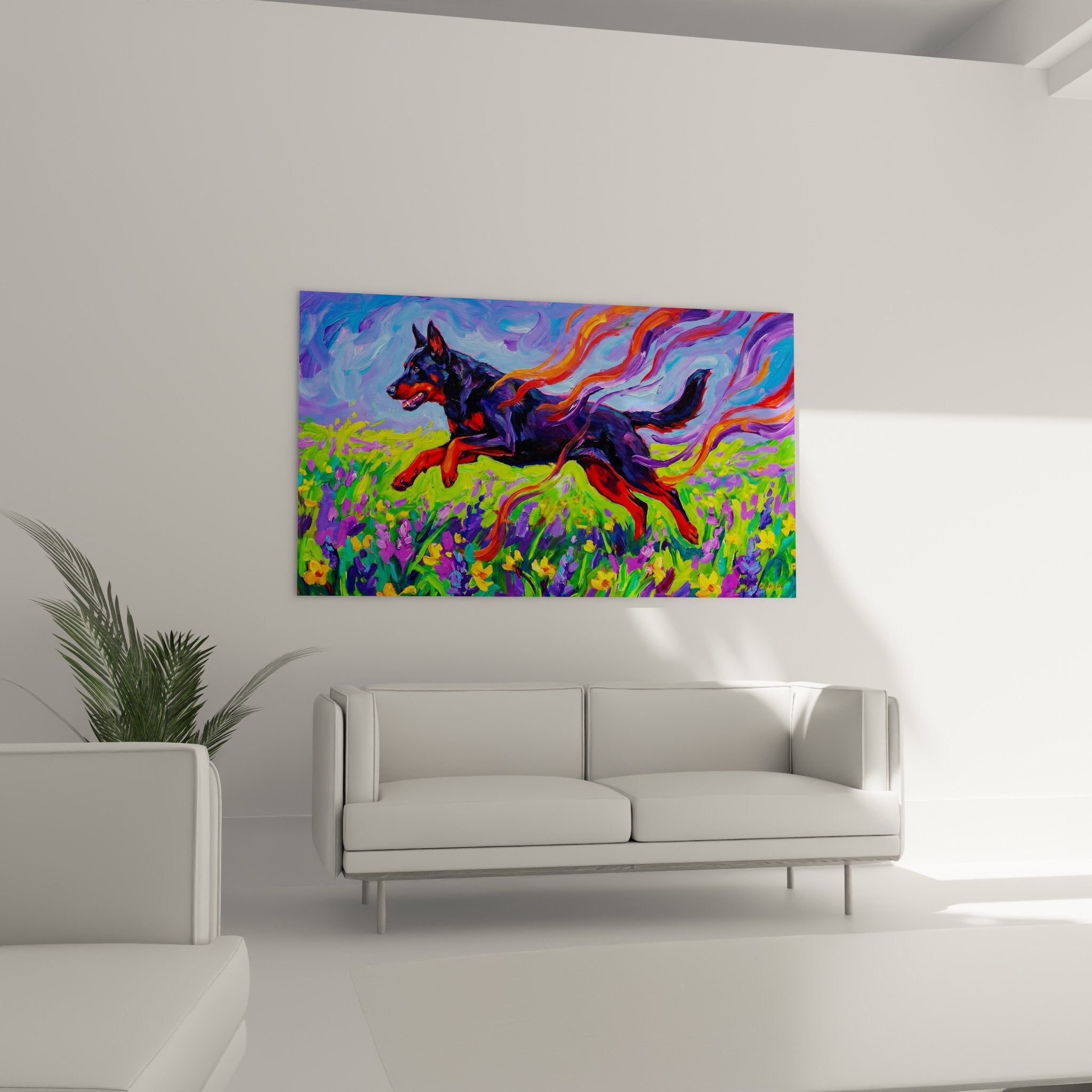 Détail rapproché peinture Beauceron noir avec reflets rouges et flammes orange violet technique expressive