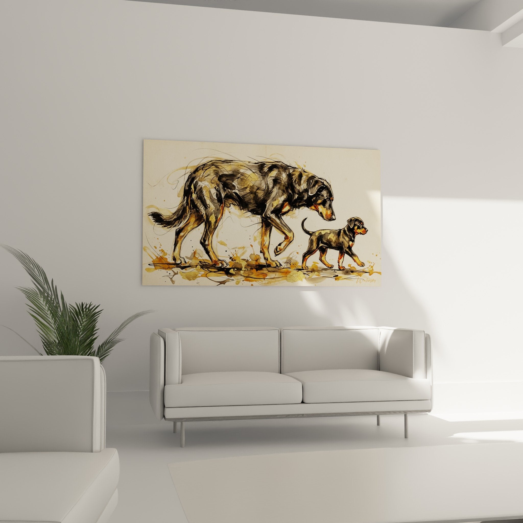 Detail der Beauce-Malerei, Mischtechnik Aquarell und freier Strich, ausdrucksstarke goldene Spritzer