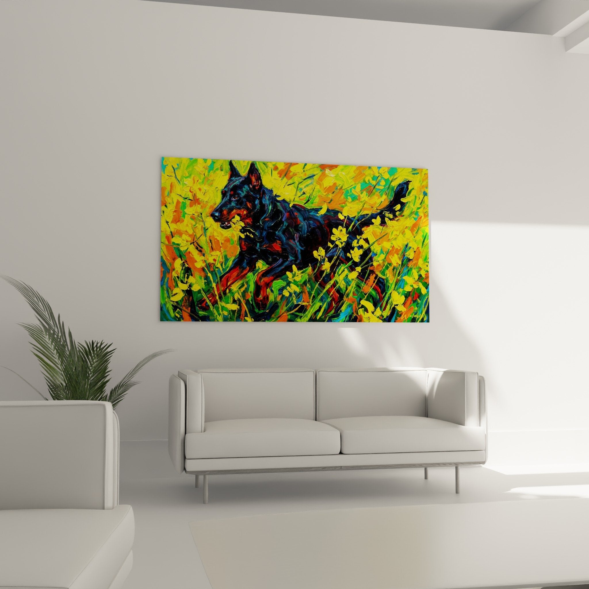 Beauceron painting detail with yellow impasto textures floral patterns expressive pictorial techniques