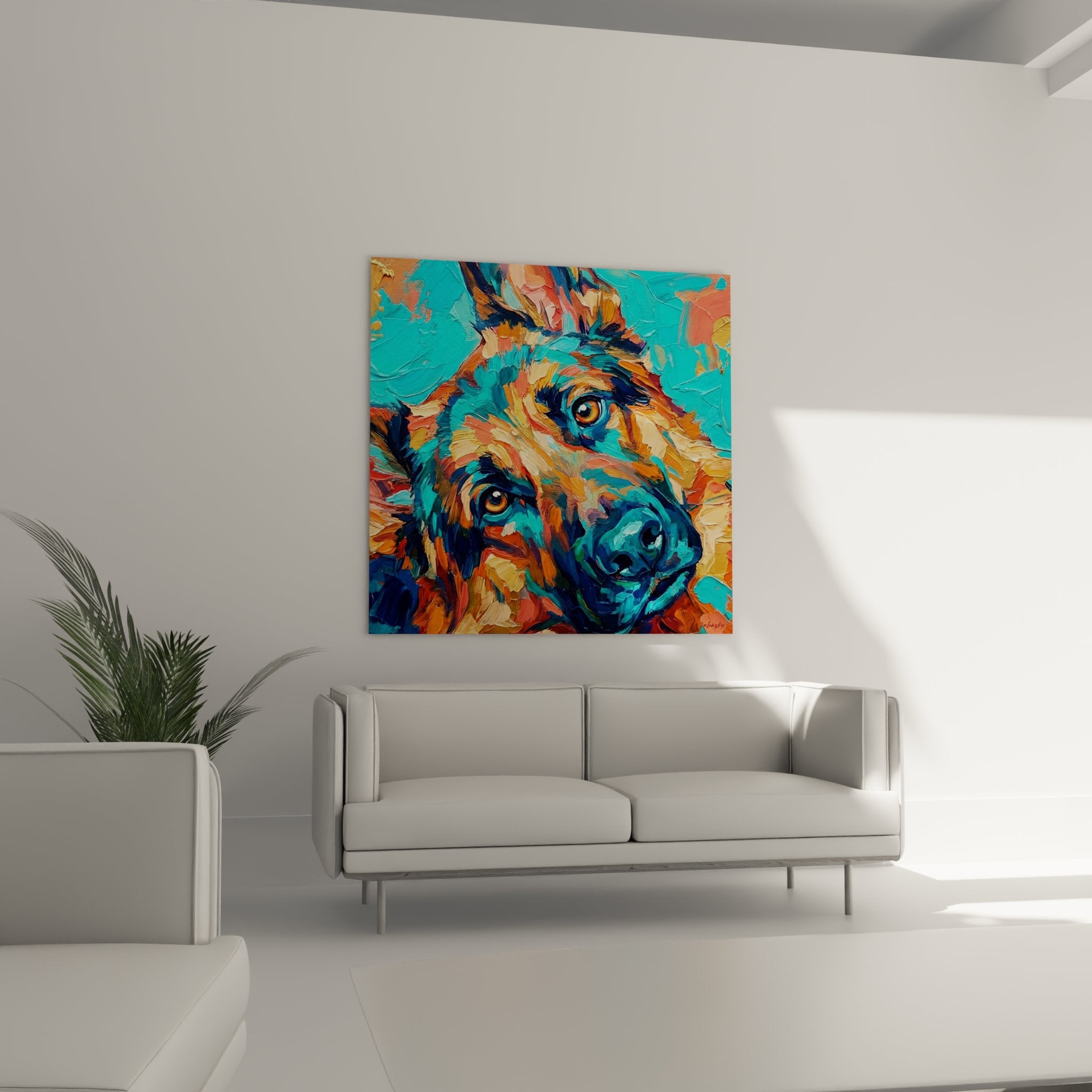 Detail of German Shepherd portrait showcasing paint texture and vibrant colors