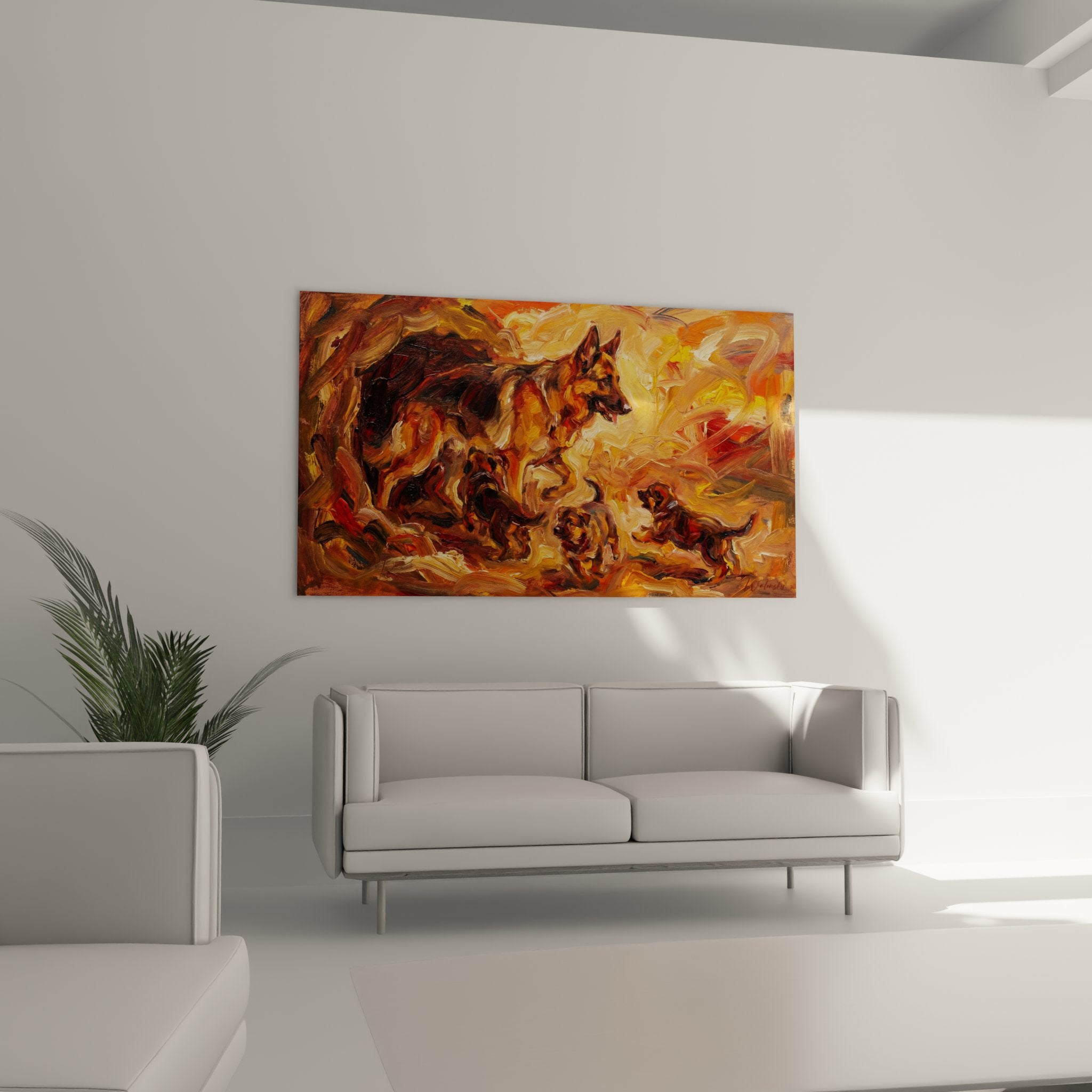 Deutscher Schäferhund Gemälde Detailansicht Impasto-Technik Kupfertöne zeitgenössische Hundekunst