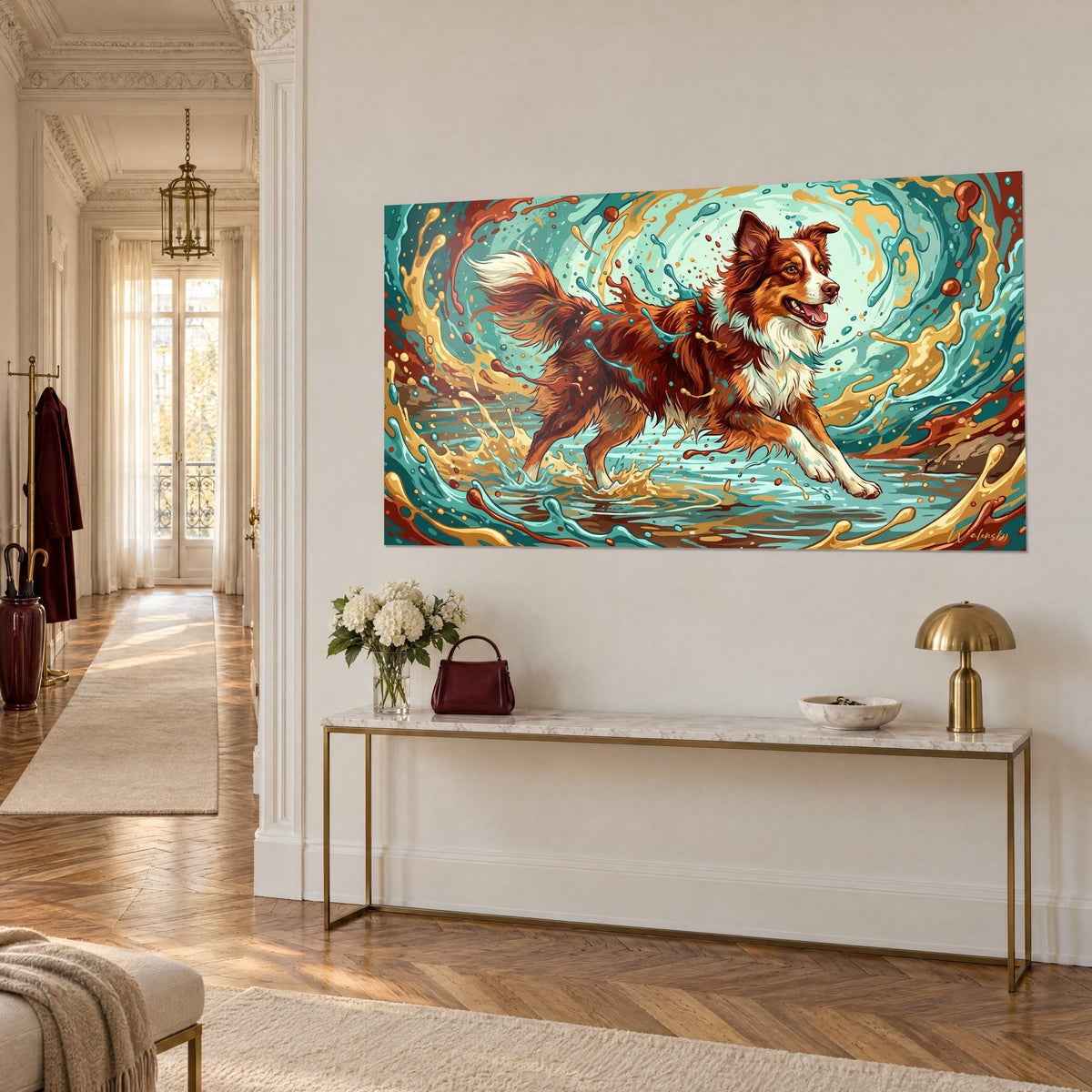 Quadro cane rosso dal petto crema che corre in un vortice di schizzi turchesi e dorati, console in ottone, parete in stile haussmanniano