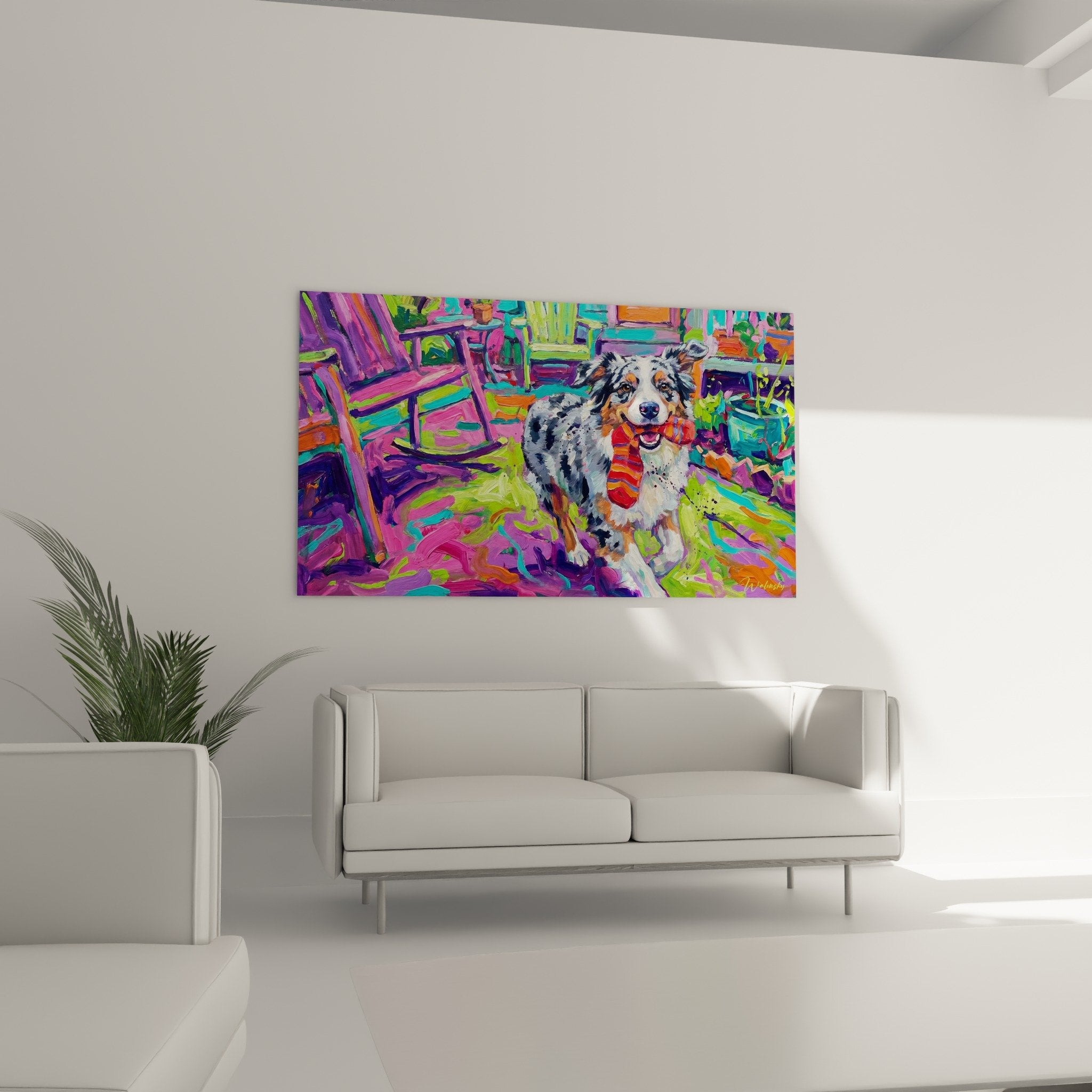détail peinture berger australien pelage merle chaussette rouge technique fauve