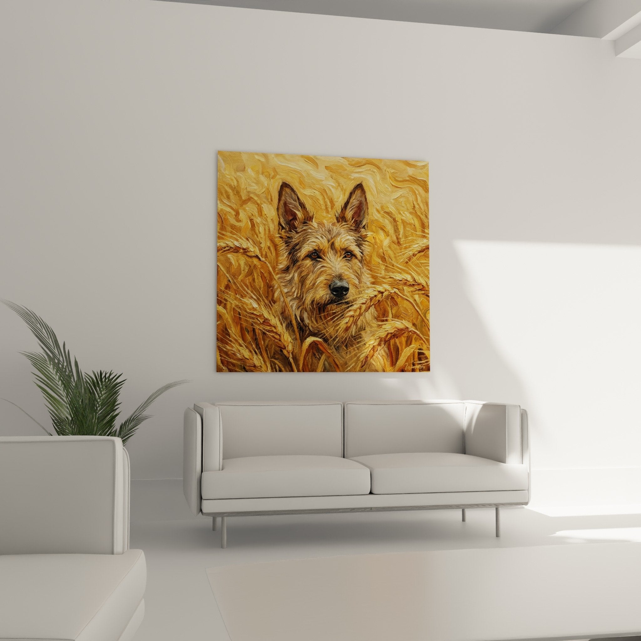 Berger Picard painting detail, golden impasto, relief painting technique, amber gaze shepherd dog