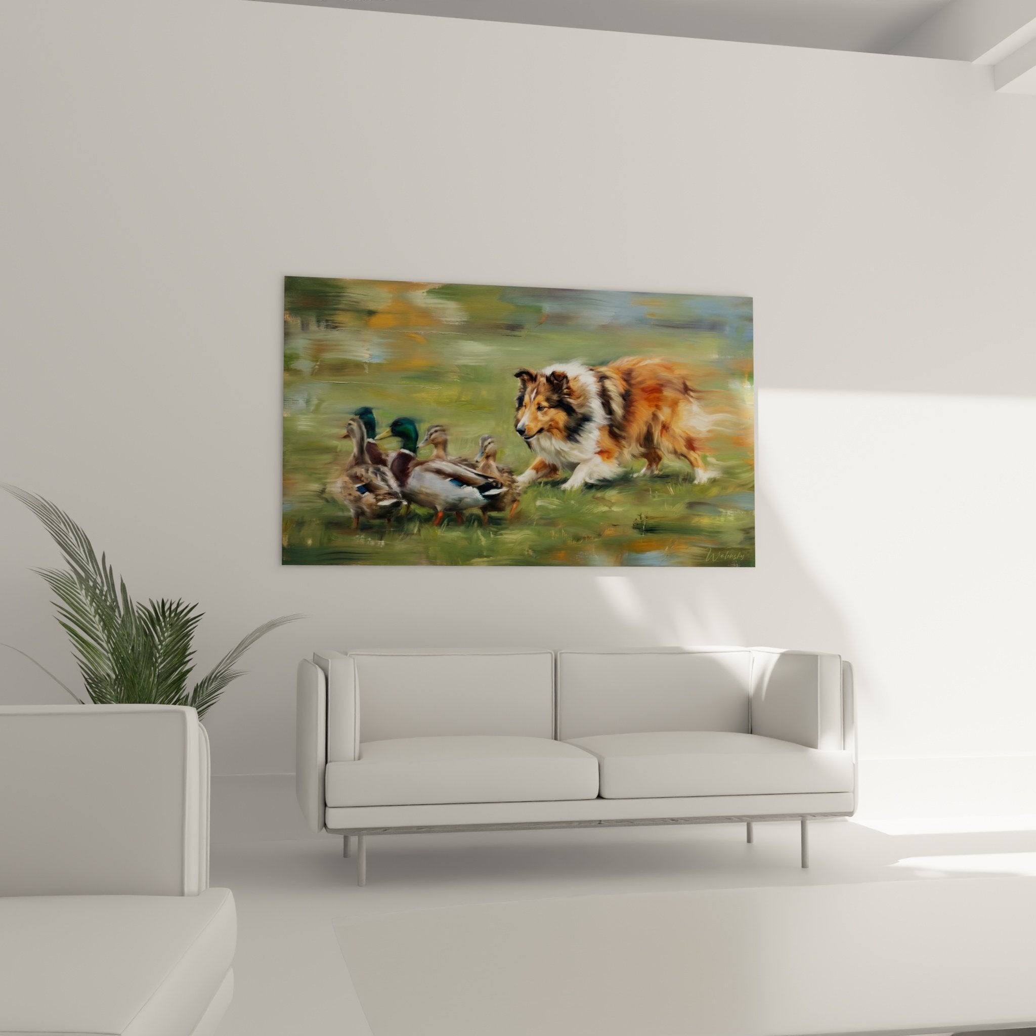 Detail peinture berger des shetland pelage tricolore mouvement artistique flou canards