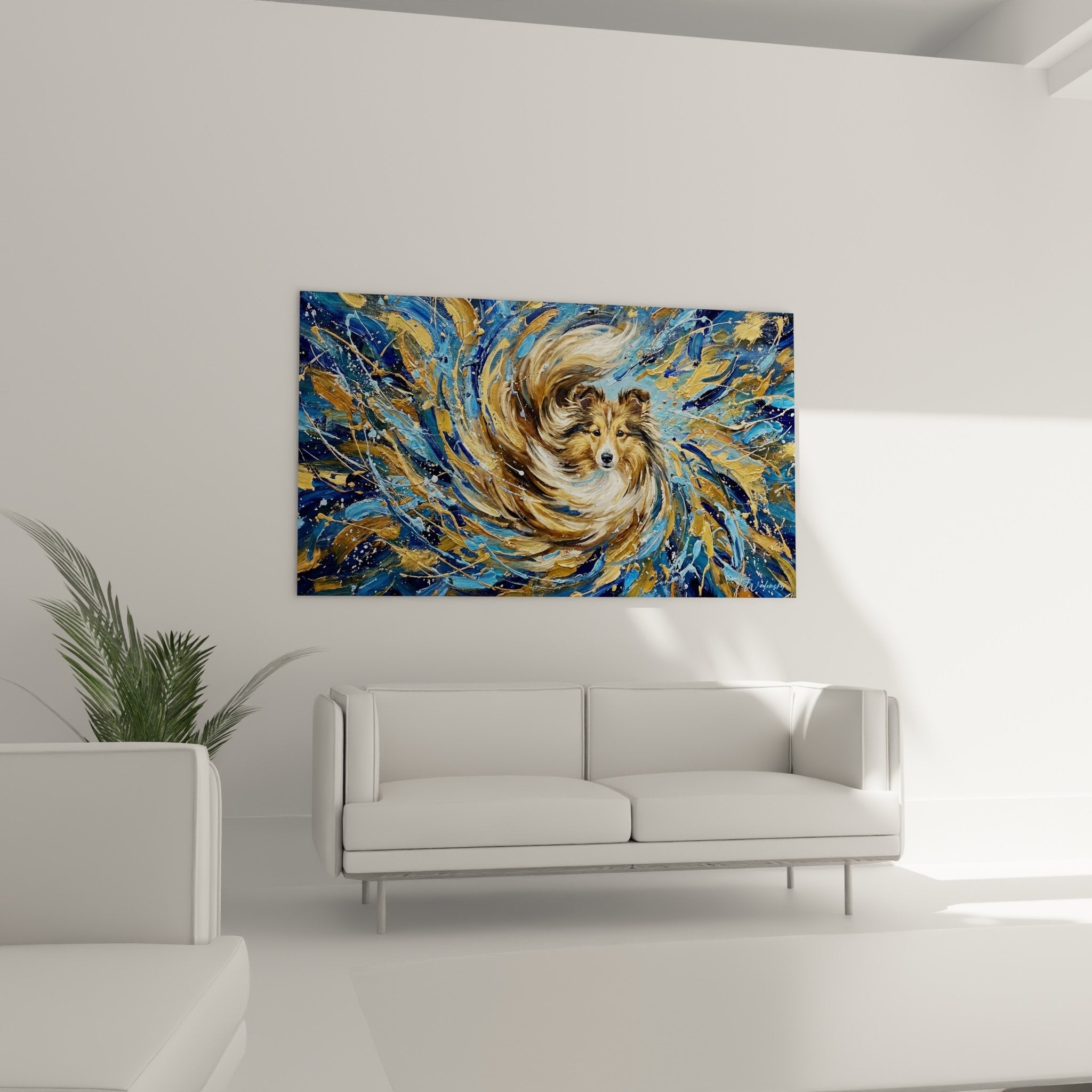 Detail peinture berger shetland yeux expressifs pelage dore technique artistique tourbillon cosmique