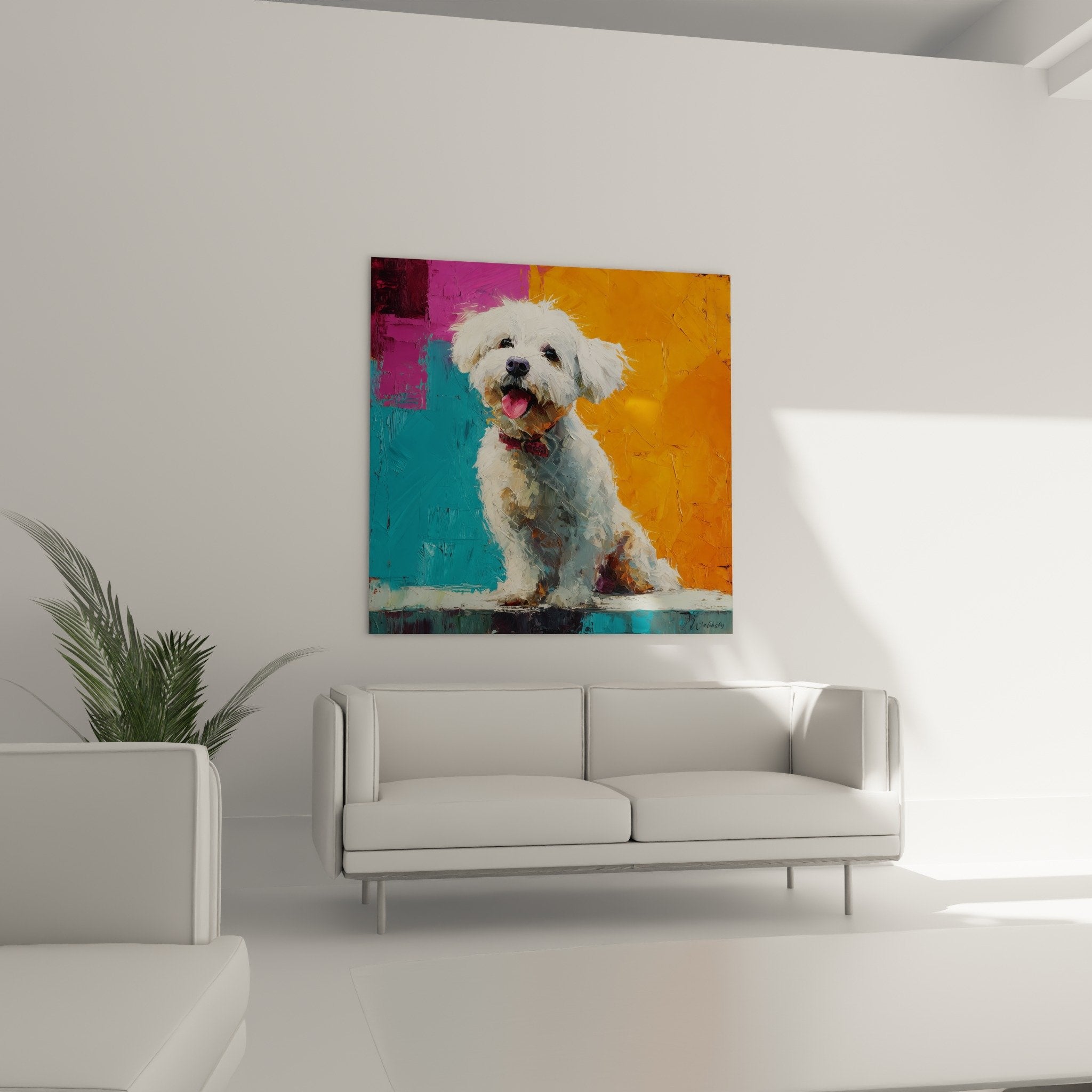 Dettaglio dipinto Bichon Havanais impasti texture mantello bianco colpi di pennello