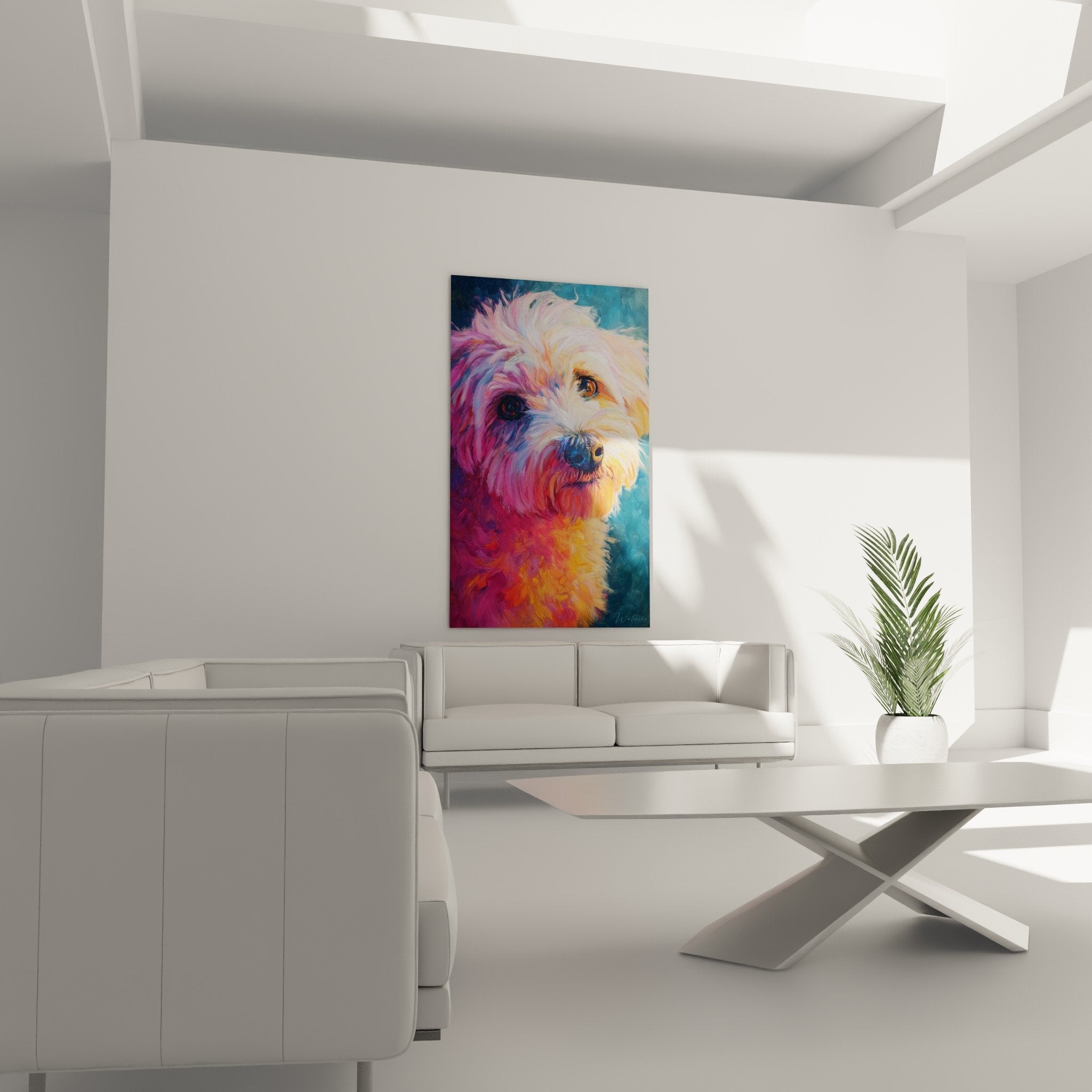 Detailporträt Bichon Havaneser farbiges Gemälde Textur Pinselstriche seidiges Fell ausdrucksstarker Blick