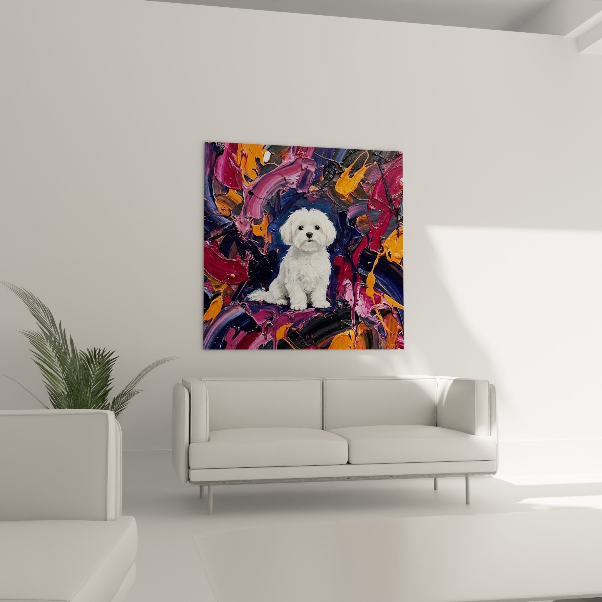 Detail der Malerei Malteser Bichon mit weißem seidigem Fell auf farbigem abstraktem Hintergrund