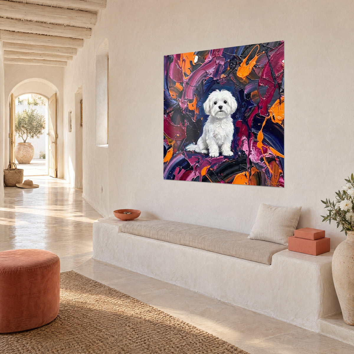 Wall art Maltese puppy with snow-white coat, black nose, purple and orange thick brushstrokes, three-quarter view, white Mediterranean wall