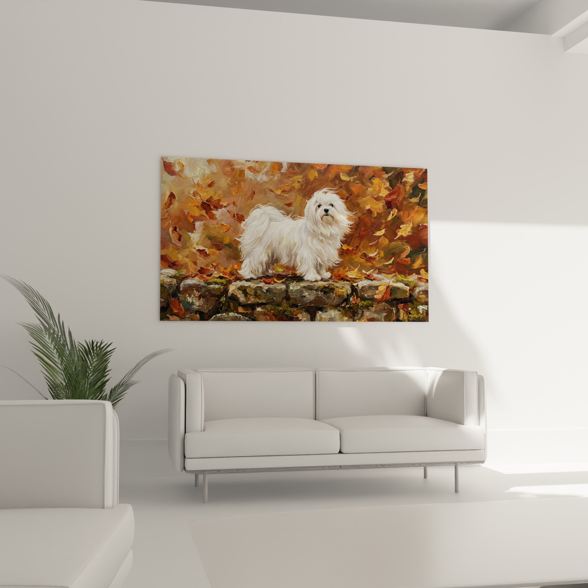 Détail peinture Bichon Maltais pelage blanc technique empâtement feuilles dorées texture picturale impressionniste