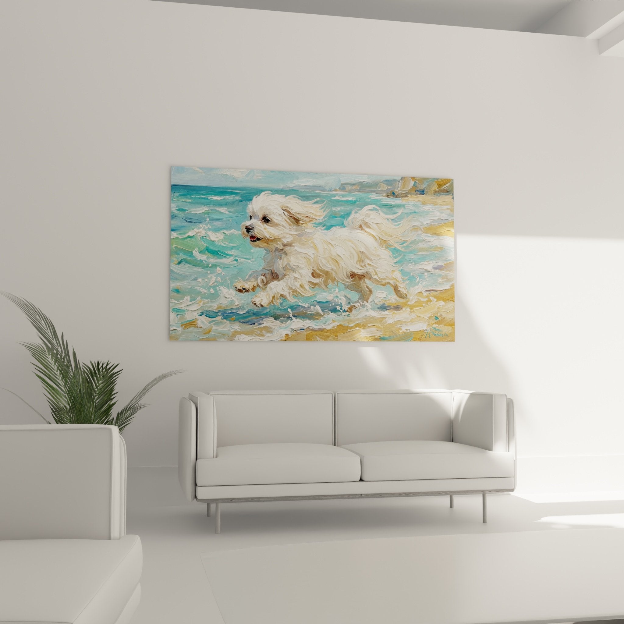 detail peinture bichon maltais texture pelage blanc coups pinceau expressifs art animalier