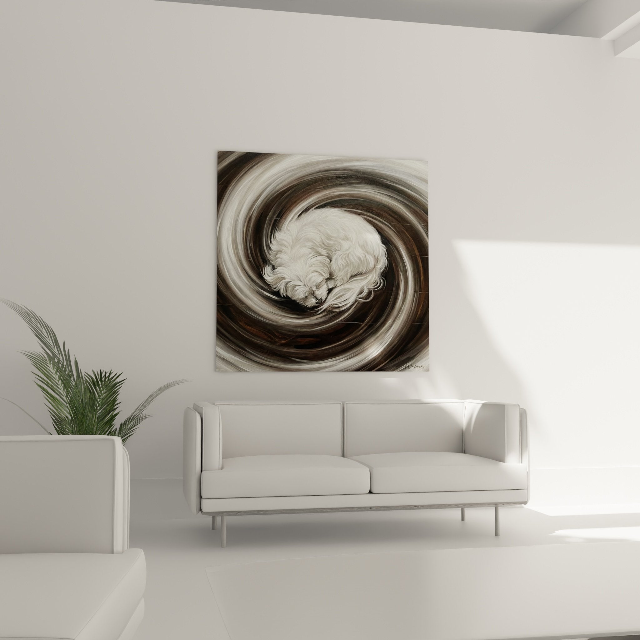 Détail rapproché peinture Bichon Maltais pelage blanc, technique spirale tourbillonnante nuances grises brunes