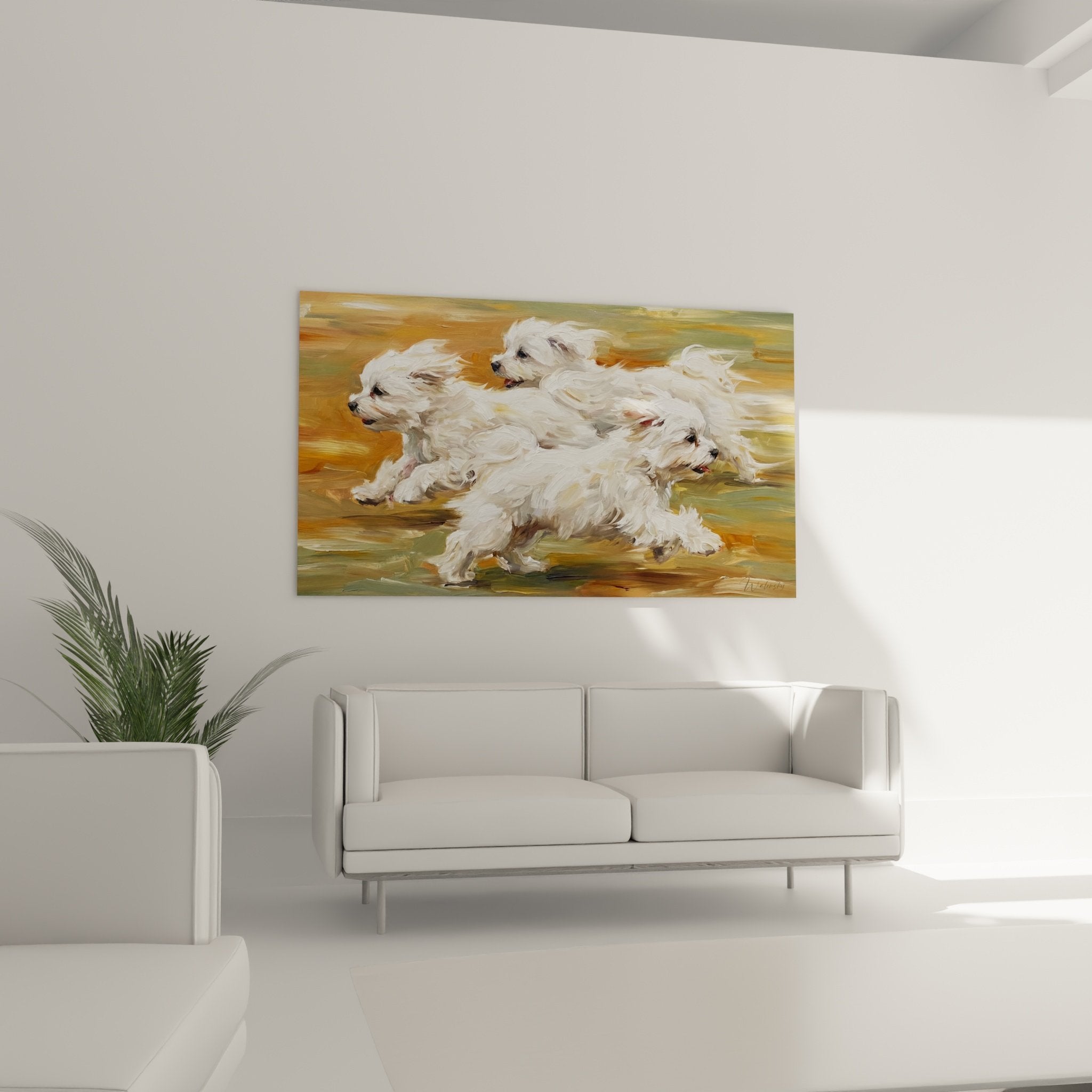 detail peinture bichons maltais pelages blancs coups pinceau expressifs technique artistique