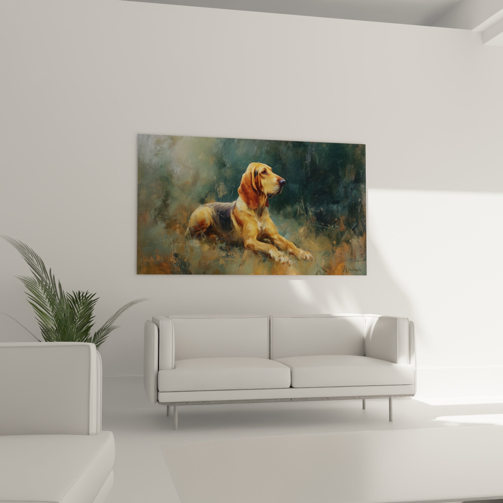 Détail peinture Bloodhound pelage ocre doré technique pinceau visible art animalier impressionniste