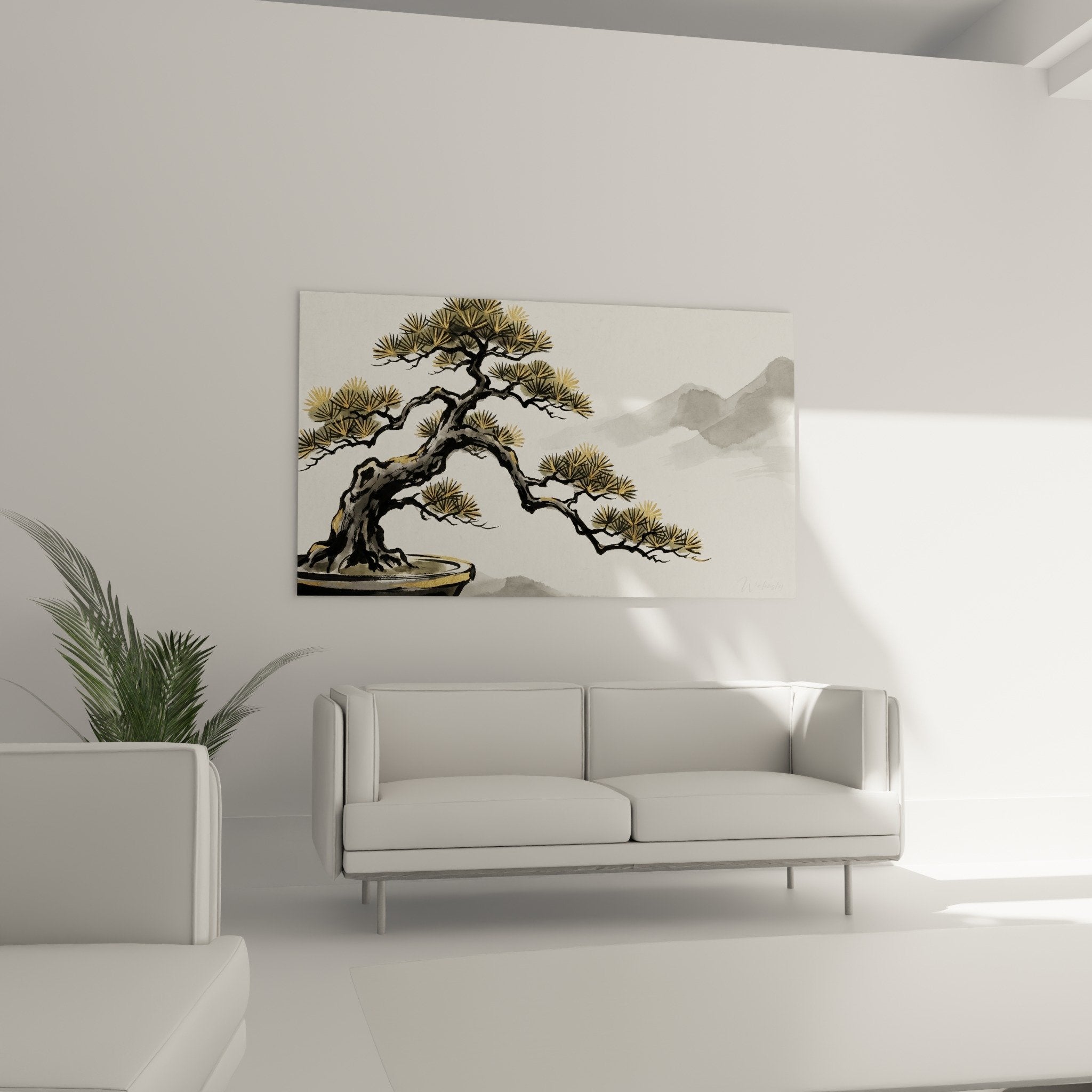 Close-up of painted bonsai with golden foliage and textured anthracite grey trunk artistic detail
