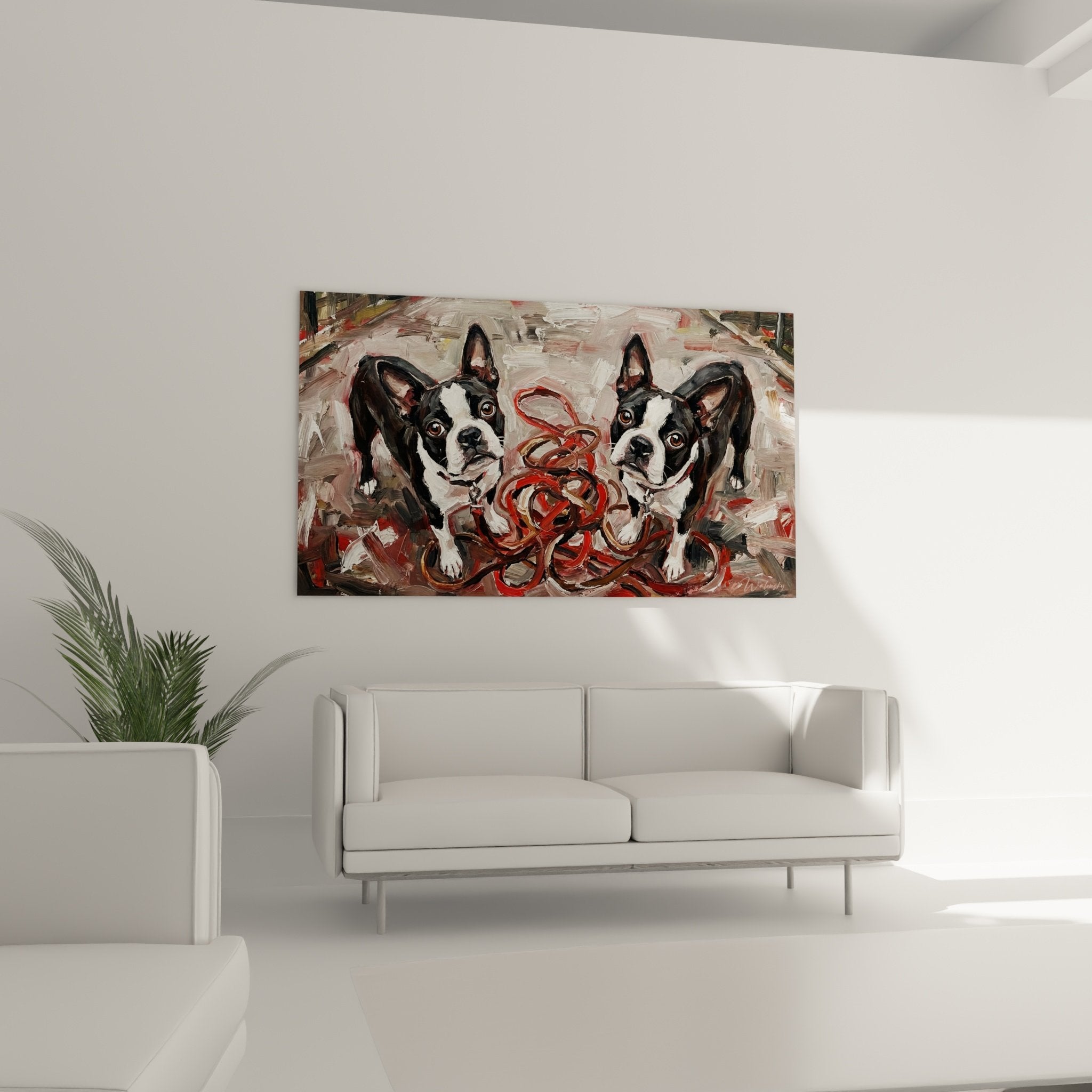 Detail Gemälde Boston Terrier ausdrucksstarke Pinselstriche dicke Farbschichten