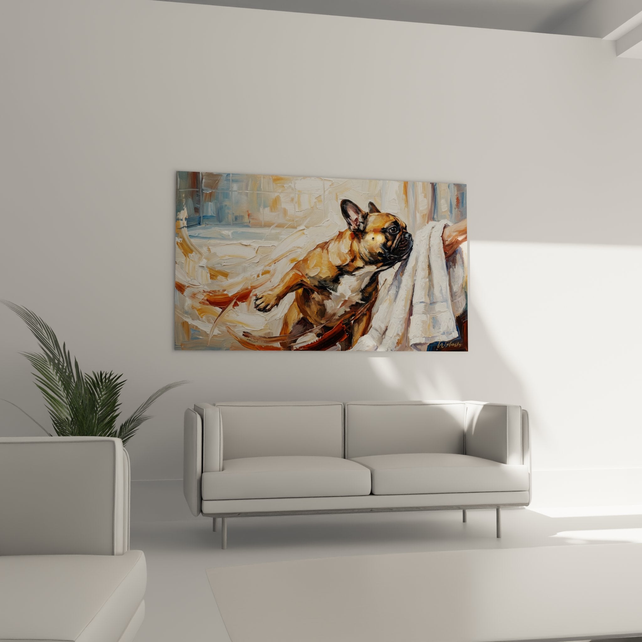 detailansicht gemälde französische bulldogge fauve textur impasto expressiven pinselstrichen goldtönen