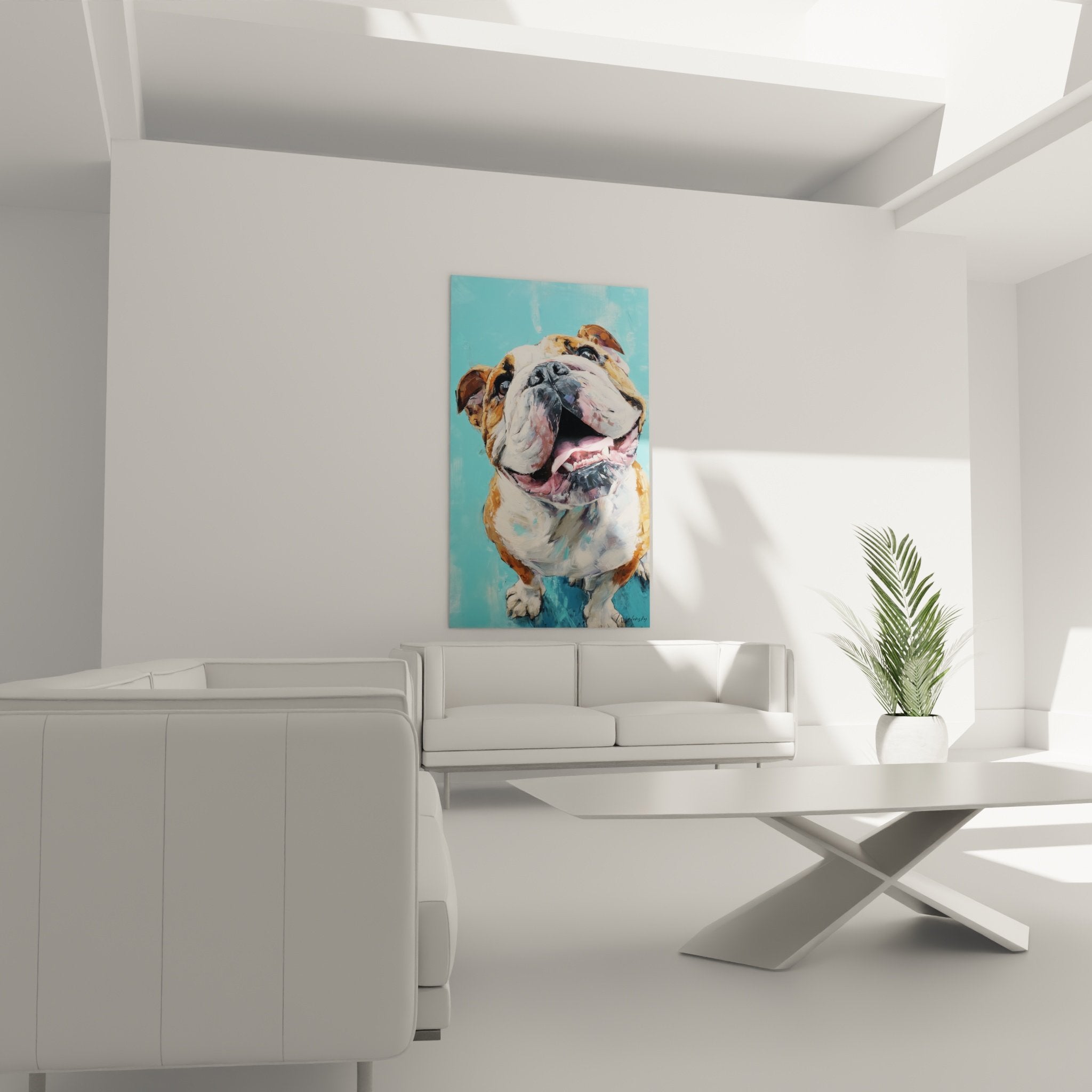 detail peinture bouledogue anglais texture empâtement langue rose yeux brillants technique picturale