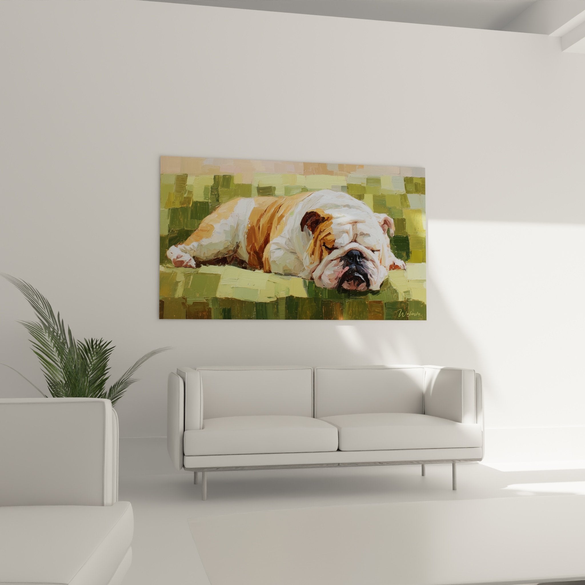 Detail peinture bouledogue anglais technique impressionniste, texture mosaique verte et pelage realiste