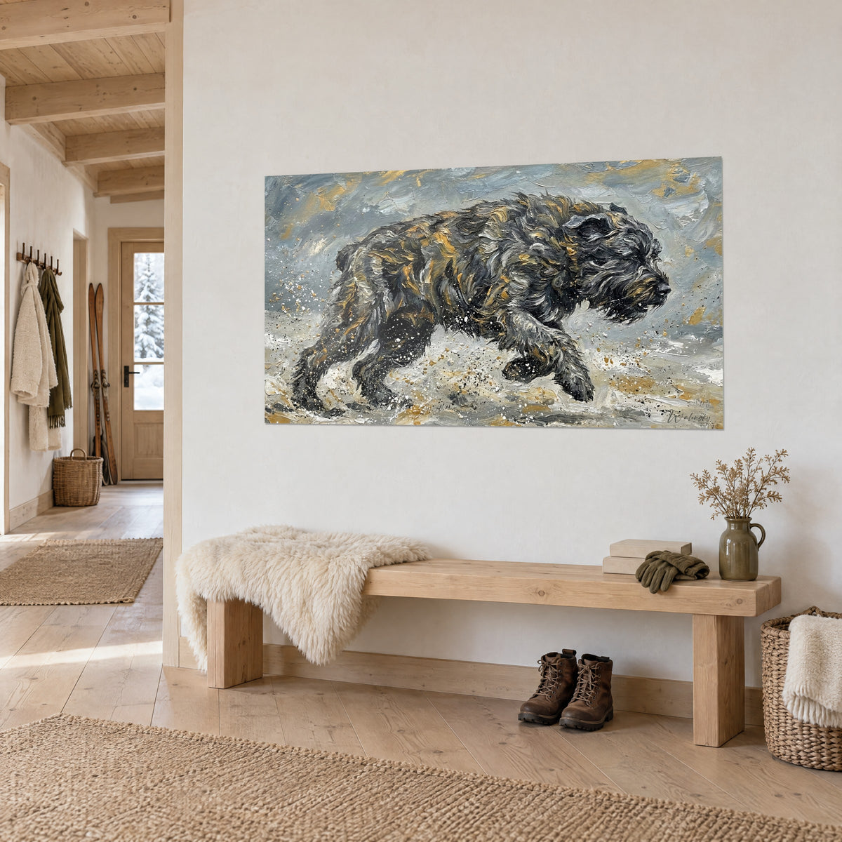 Cuadro de un bouvier de Flandes en plena carrera, pelo revuelto negro y ocre, gotas blancas, sobre una pared de chalet