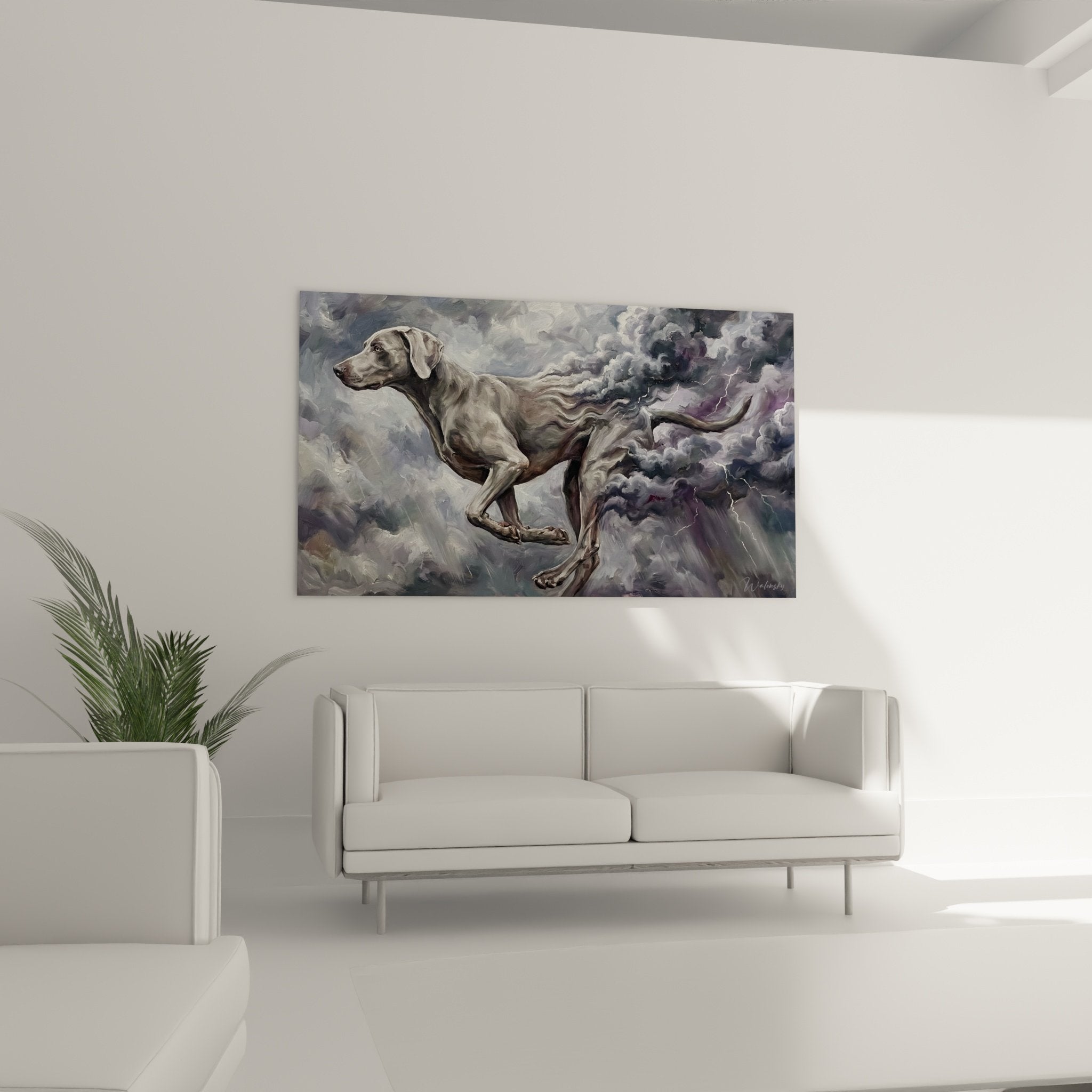 Détail rapproché peinture Braque de Weimar, coups de pinceau expressifs nuages violets et pelage gris argenté