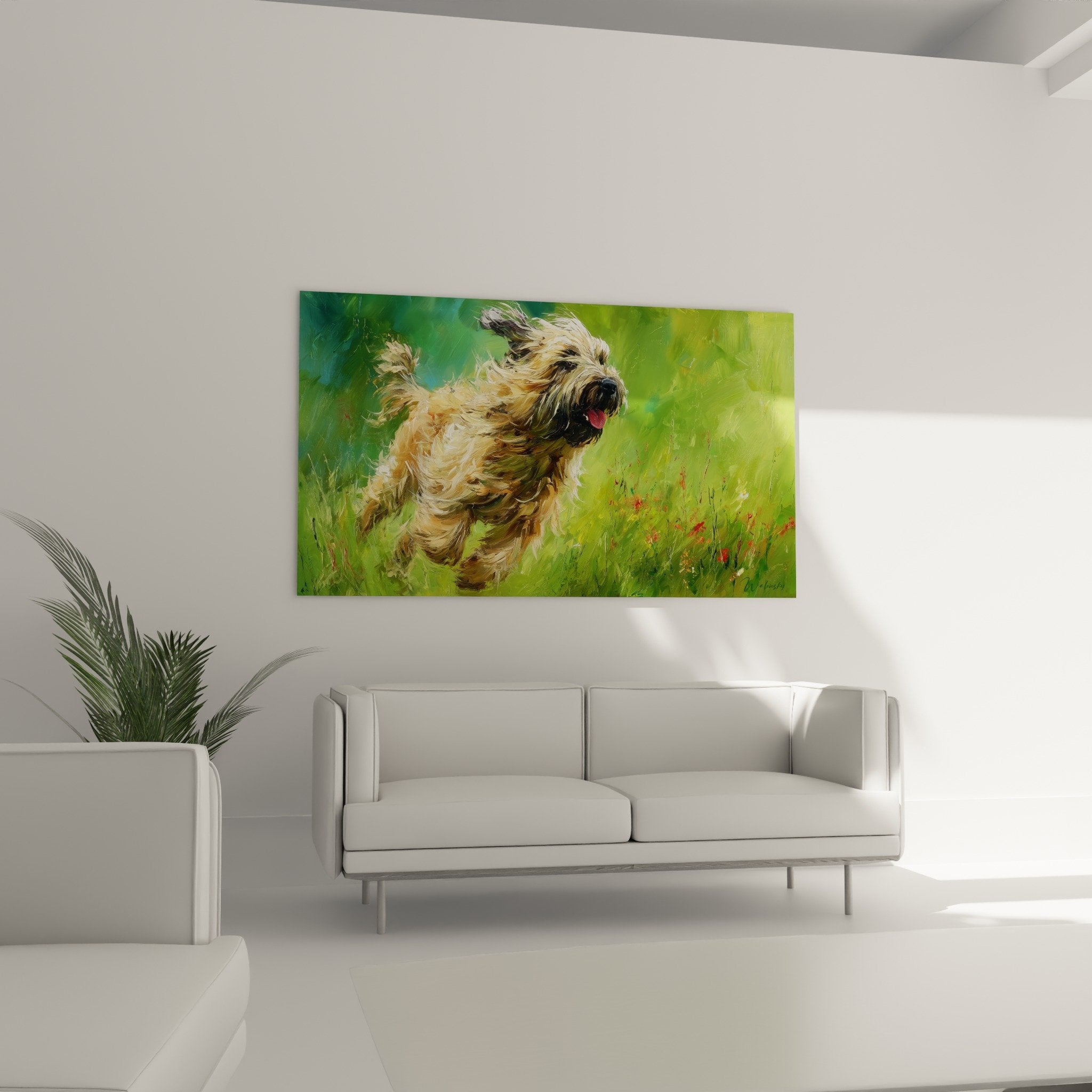 Dettaglio pittura Briard mantello fulvo in movimento - tecnica pittorica espressiva colpi di pennello