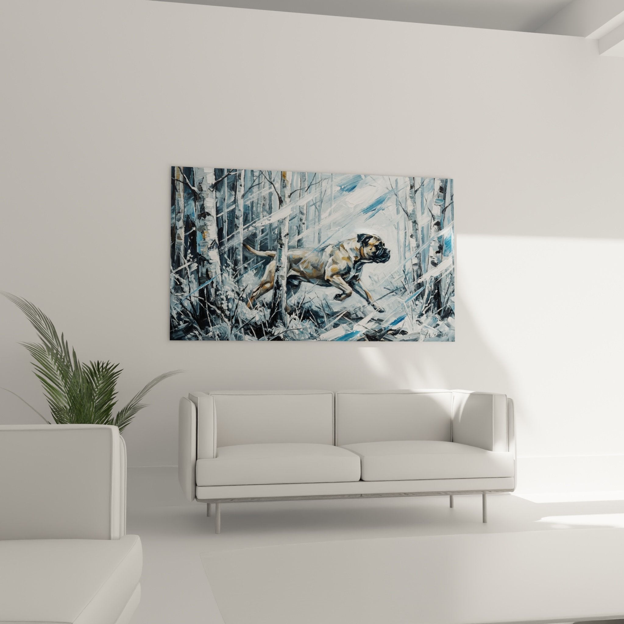 Detail peinture bullmastiff neige technique expressionniste coups pinceau dynamiques bleu glace