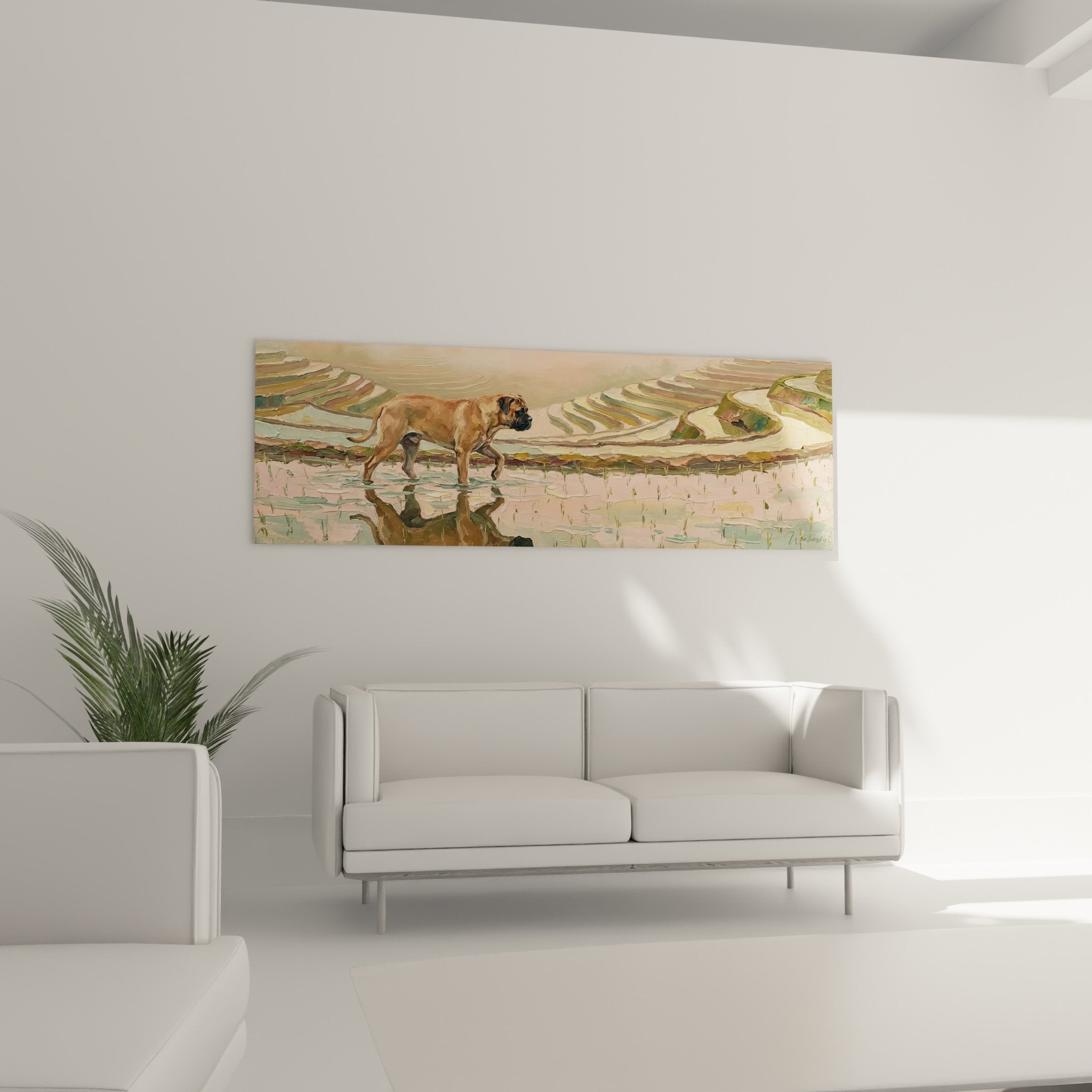 Detail texture peinture bullmastiff rizieres, touches expressives, palette rose vert beige, art animalier