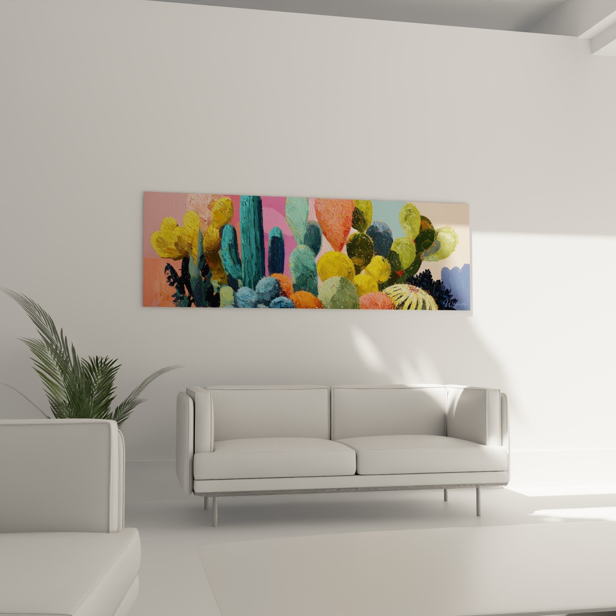 Détail peinture cactus aux couleurs éclatantes - texture artistique et nuances chromatiques vibrantes