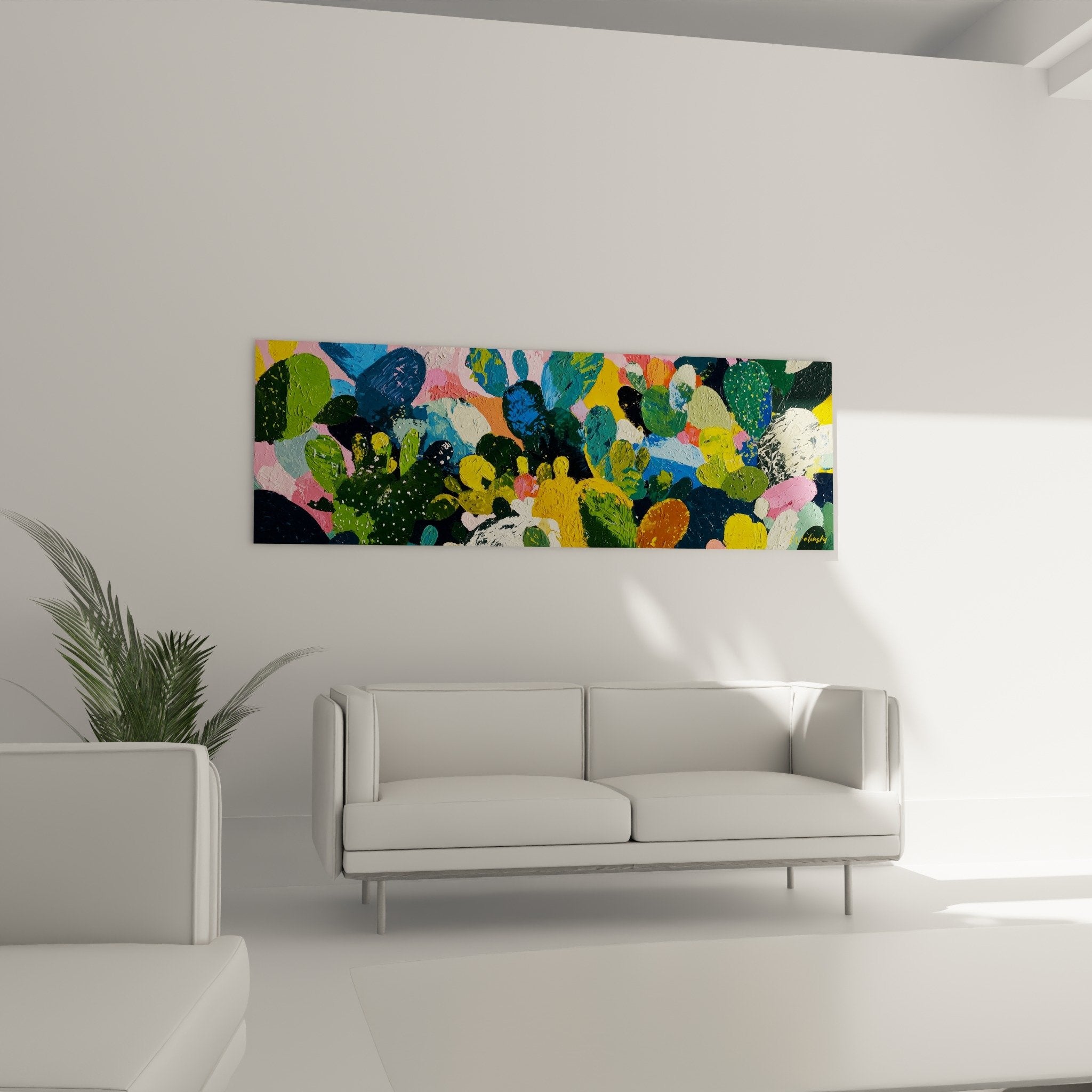 Détail tableau cactus cubisme, textures peinture, couleurs vives verts bleus roses, art moderne