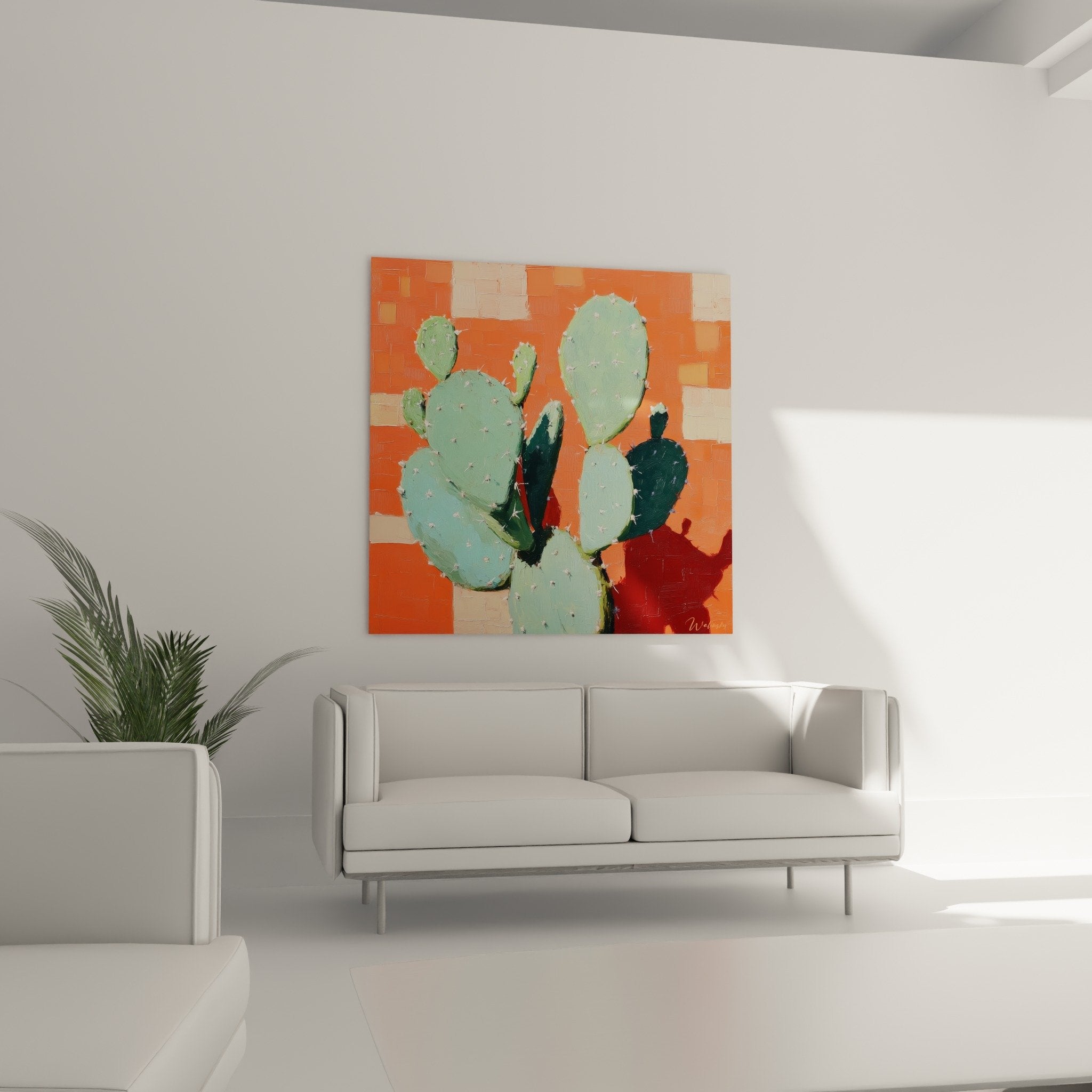 Détail peinture cactus, empâtements visibles et épines blanches sur raquettes vertes