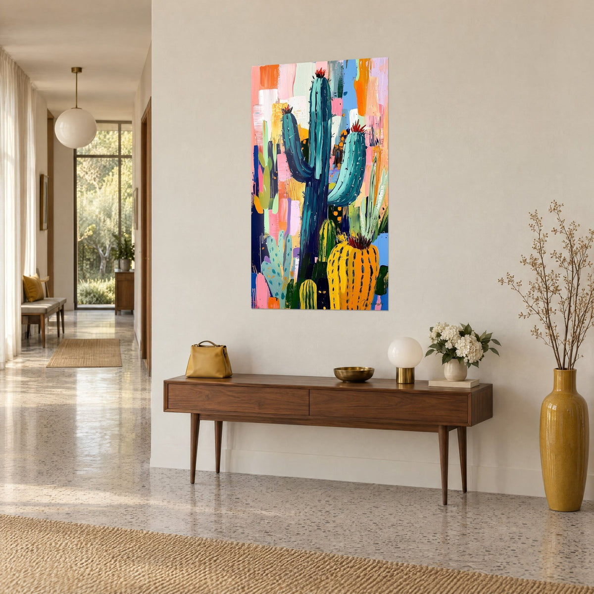 Wall art abstract cacti in touches of pink, turquoise and mustard yellow, hung in a bright hallway above a wooden console
