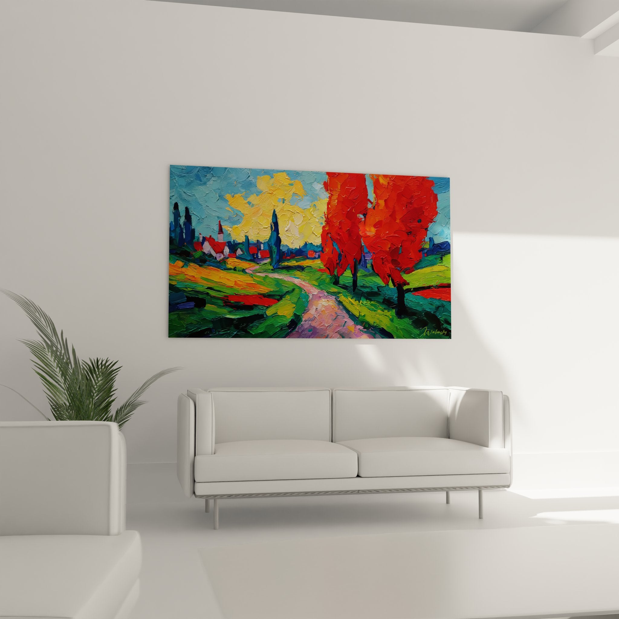 Détail peinture paysage campagne montrant technique empâtement et couleurs vives automne